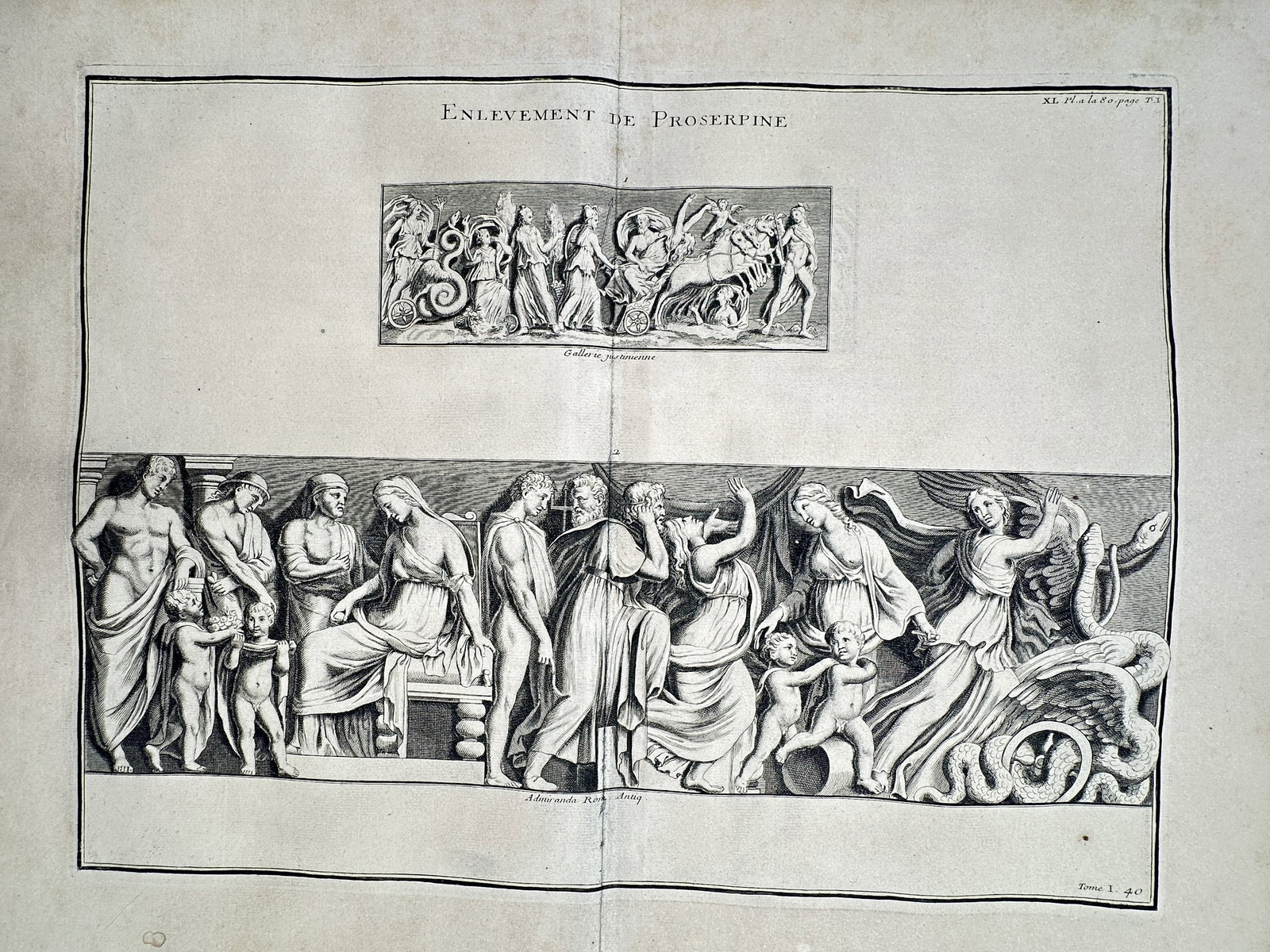 Bernard de Montfaucon (1655–1741) – The Abduction of Proserpine – Copper engraving: "Enlevement de Proserpine" presents a detailed archaeological study of two classical bas-reliefs depicting the mythological abduction of Proserpine by Pluto, featuring the deity's chariot and a second