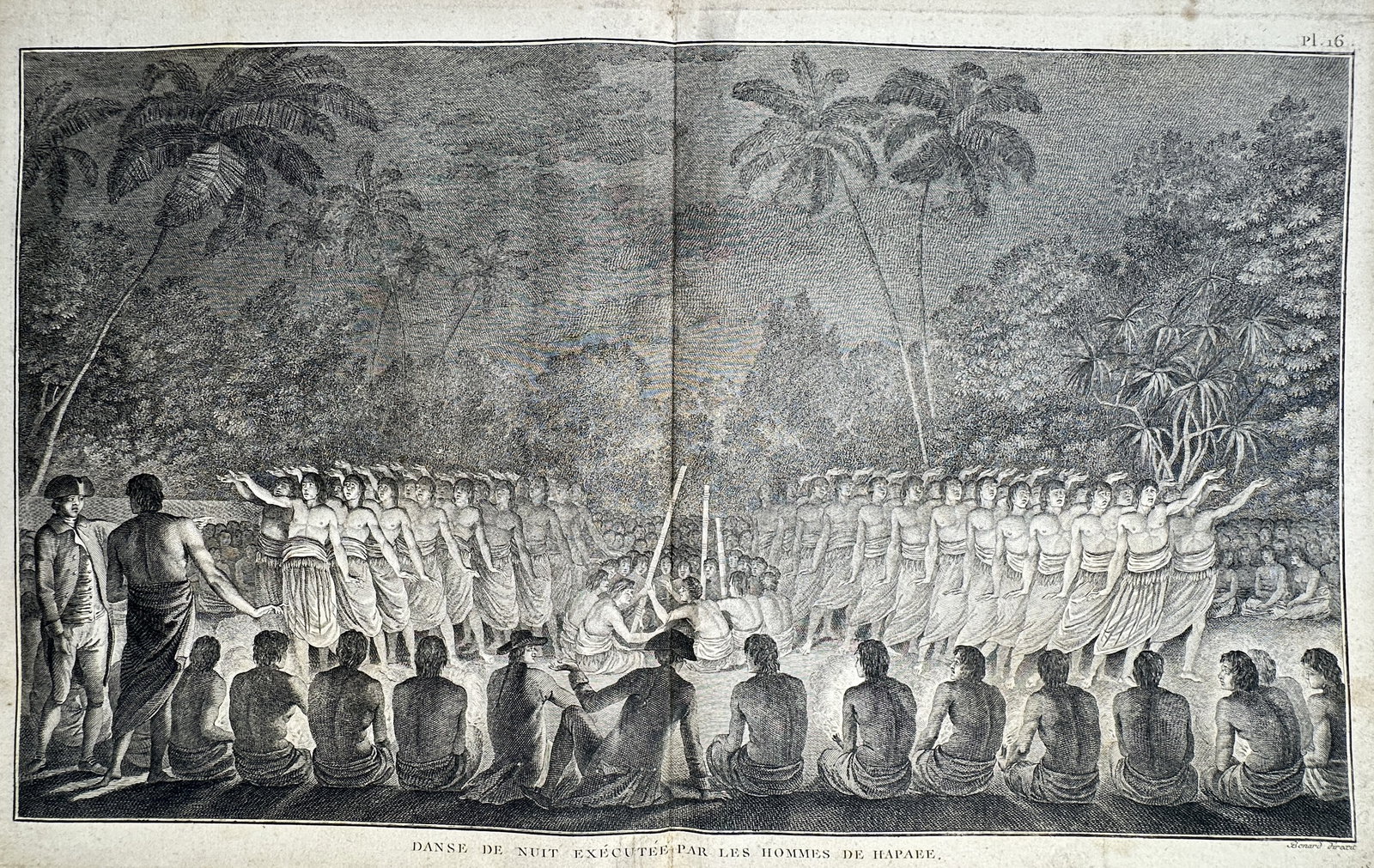John Webber (1751–1793) – Night Dance by the Men of Hapaee – Engraving (c. 1784–1785): "Danse de nuit exécutée par les hommes de Hapaee" presents a dramatic night scene on the island of Ha'apai in the Tonga archipelago, depicting a large group of men performing a traditional chor