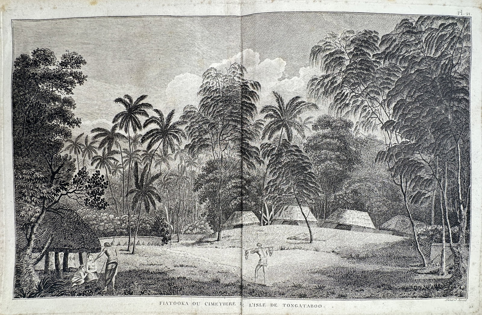 John Webber (1751–1793) – Fiatooka or Cemetery in the Isle of Tongataboo – Engraving: "Fiatooka ou Cimetiere de l'Isle de Tongataboo" presents a landscape study of a sacred burial ground on the island of Tongatapu, featuring multiple thatched funerary structures situated upon an elevat