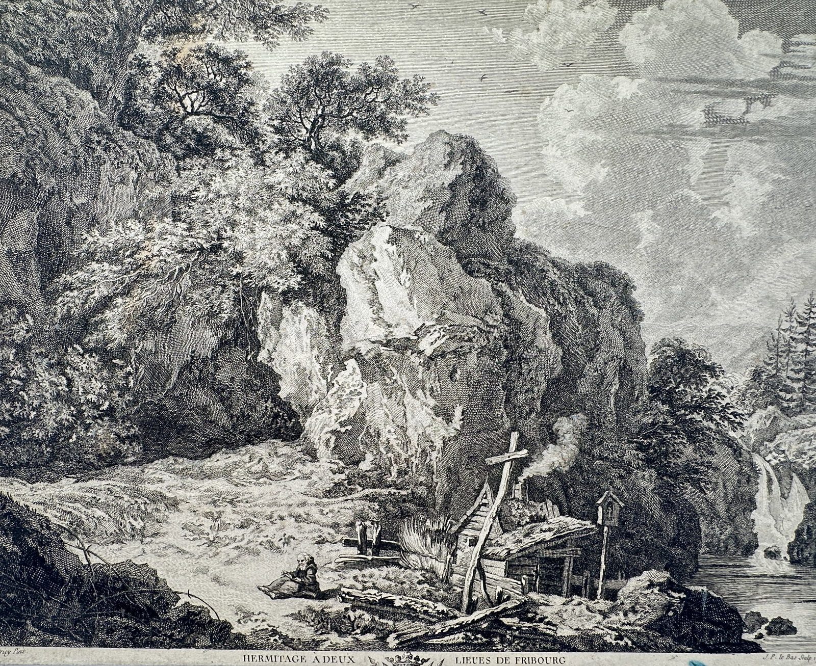 Jacques-Philippe Le Bas (1707–1783) – View of Hermitage a Deux Lieues de Fribourg – Etching (1 of 2)
