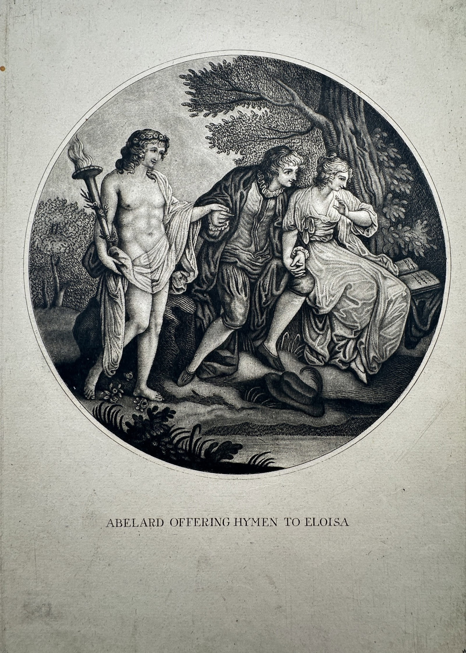 John Ogborne (1755–1837) – View of Abelard Offering Hymen to Eloisa – Stipple engraving (c.: "Abelard Offering Hymen to Eloisa". This stipple engraving, contained within a circular border, depicts the historical figures Abelard and Heloise in a classical outdoor setting, accompanied by a figu