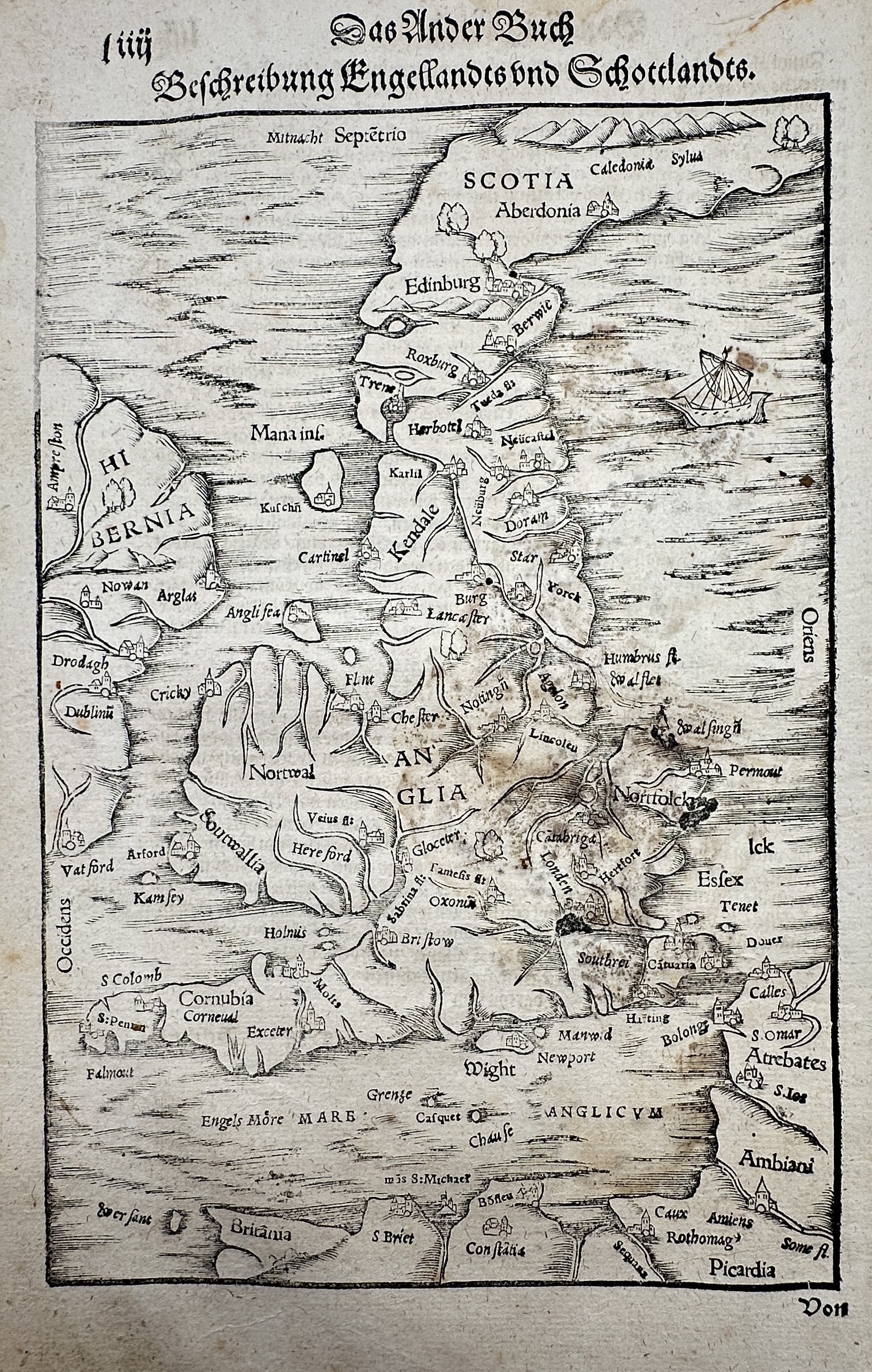 Sebastian Münster – Map of England and Scotland – Great Britain – Woodcut (c. 1544–1578) (1 of 3)