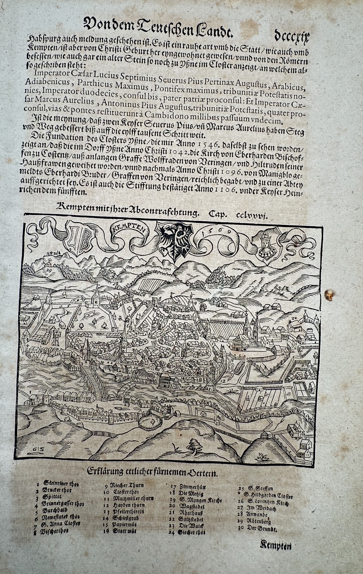 Sebastian Münster (1488–1552) – View of Kempten – Germany – Woodcut (c. 1550–1578): "Kempten mit seiner Abconterfeutung". This woodcut provides a bird's-eye view of the city of Kempten in Bavaria, illustrating its fortified walls, churches, and surrounding mountainous landscape. The 