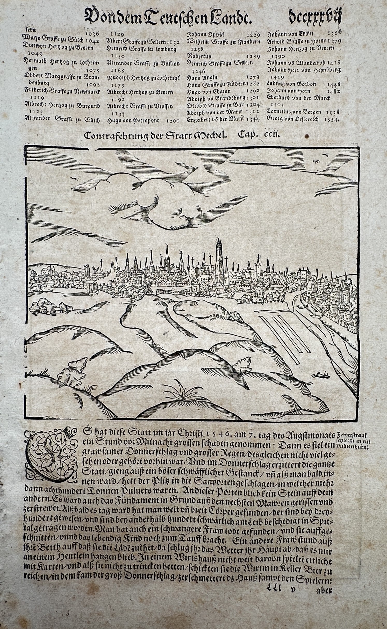Sebastian Münster (1488–1552) – View of Mechelen – Belgium – Woodcut (c. 1550–1578): "Contrafeytung der Statt Mechel". This woodcut offers a panoramic bird's-eye view of the city of Mechelen, highlighting its prominent church spires and defensive walls under a clouded sky. The work wa