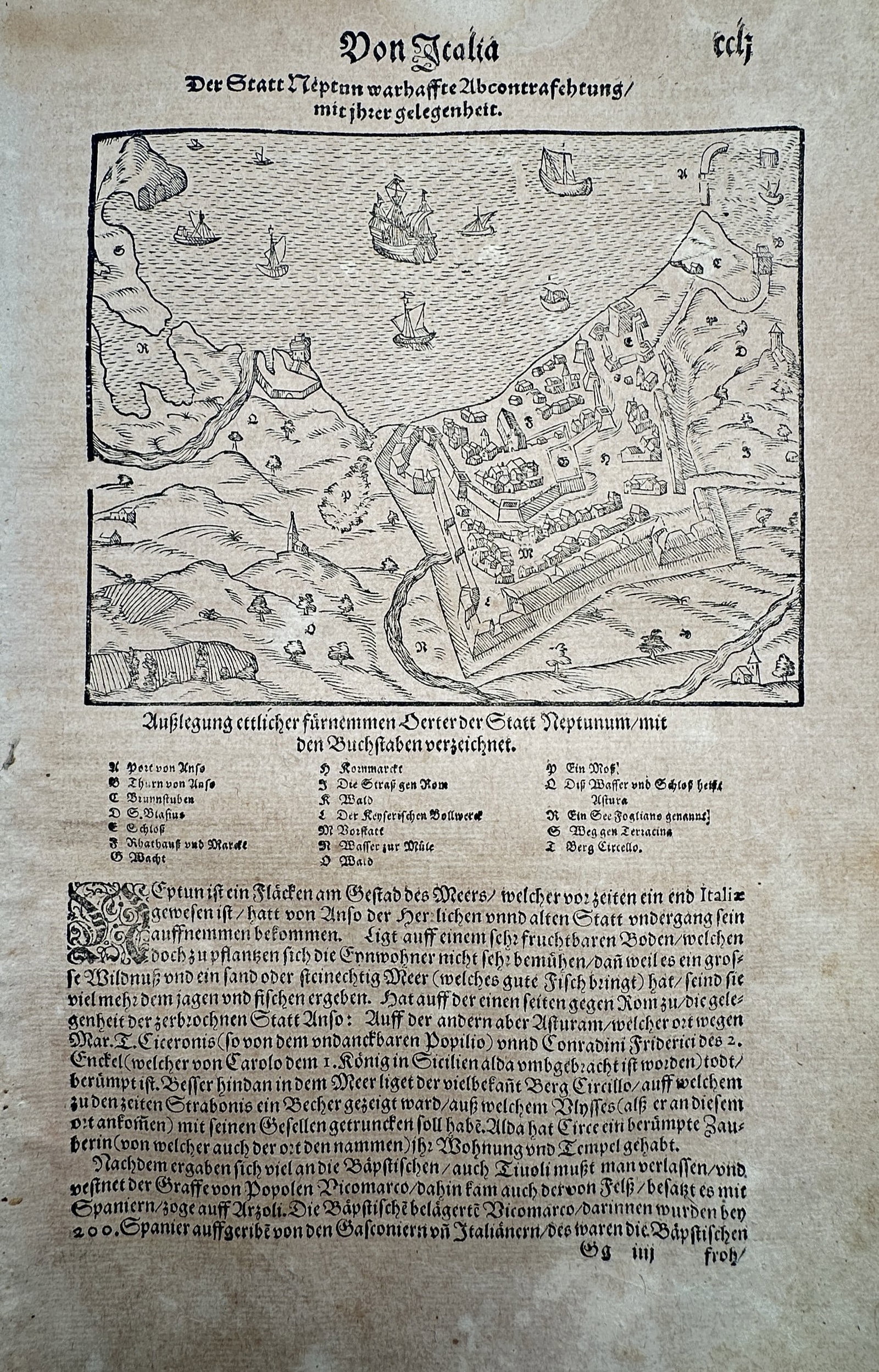 Sebastian Münster (1488–1552) – View of Nettuno – Italy – Woodcut (c. 1550–1578) (1 of 2)