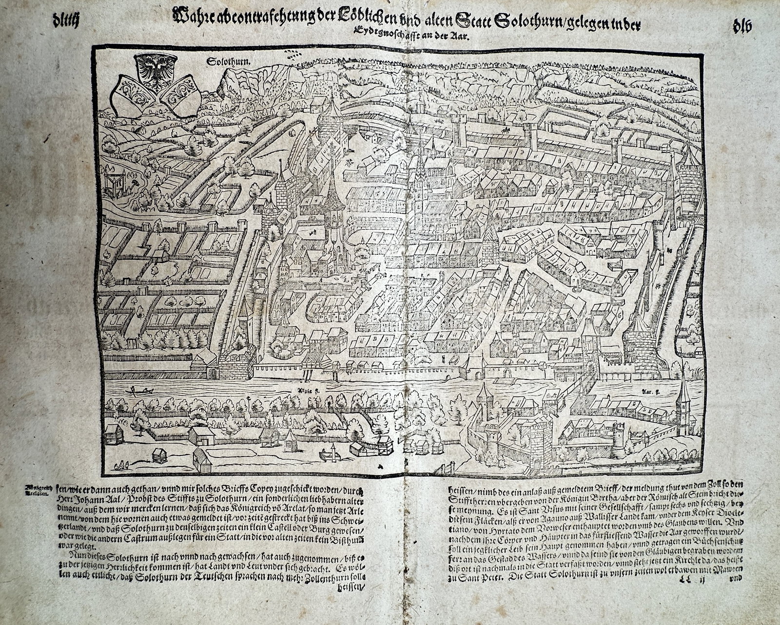 Sebastian Munster (1488–1552) – View of Solothurn – Woodcut (c. 1550–1578): "Wahre abconterfeytung der Loblichen und alten Statt Solothurn". This woodcut offers a bird's-eye view of the Swiss city of Solothurn, illustrating its medieval fortifications, the Aare River, and the