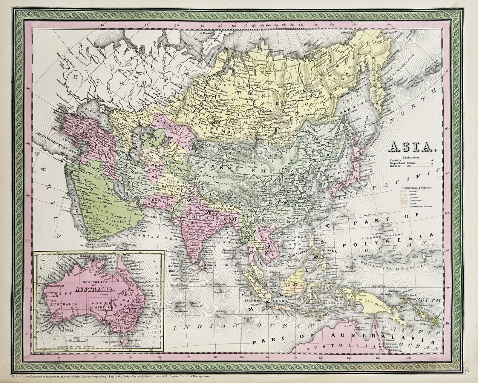 Thomas, Cowperthwait & Co. (Active 1850s) – Map of Asia – Asia – Lithograph (1850): "Asia" is a detailed geographical representation of the continent including an inset of "New Holland or Australia." This hand-coloured lithograph originates from A New Universal Atlas of the World, pu