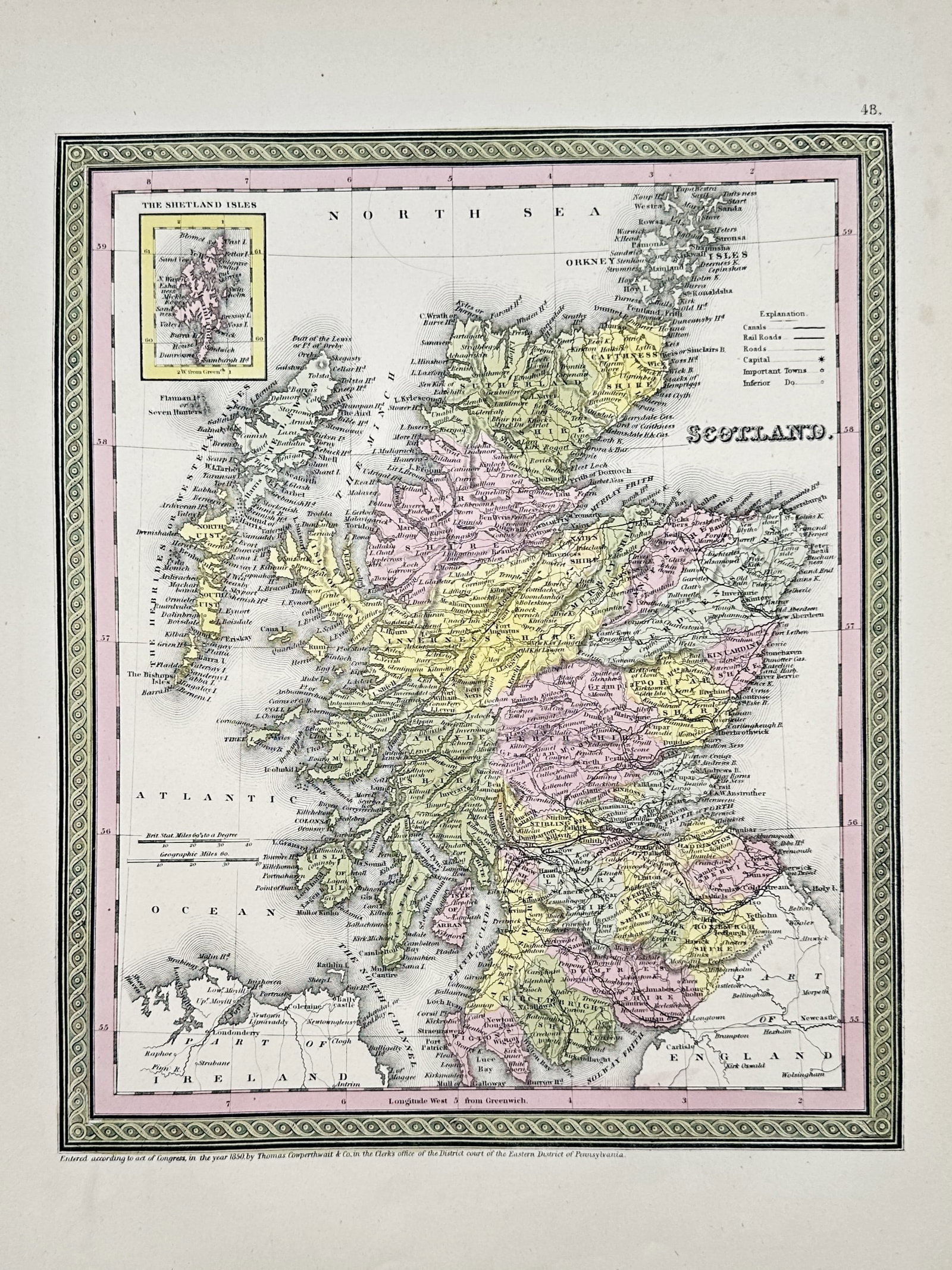 Thomas, Cowperthwait & Co. (Active 1850s) – Map of Scotland – United Kingdom – Lithograph: "Scotland" illustrates the country with its various counties and shires distinguished by vibrant hand-colouring, including an inset of the Shetland Islands. This lithograph was published in Philadelph