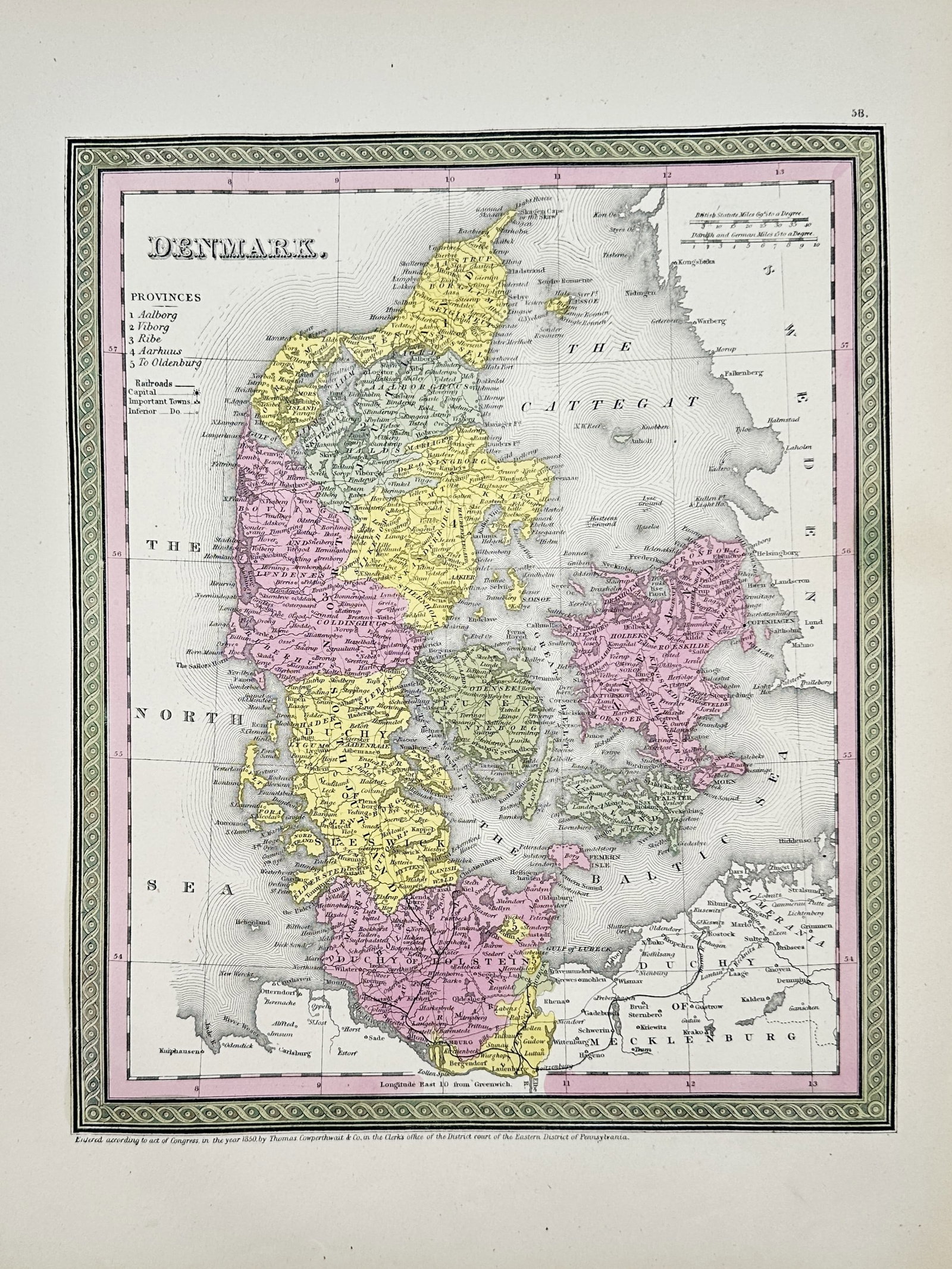 Thomas, Cowperthwait & Co. (Active 1850s) – Map of Denmark – Denmark – Lithograph (1850): "Denmark" illustrates the kingdom with its provincial divisions and topographical features, including the surrounding waters of the North Sea, Cattegat, and the Baltic. This hand-coloured lithograph w