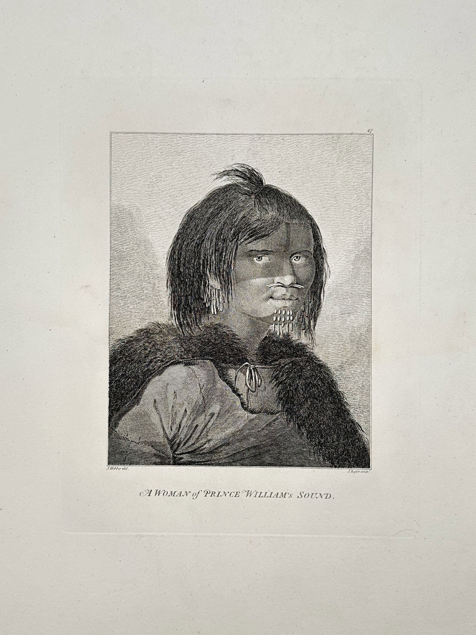 John Webber (1751-1793) – Portrait of a Woman of Prince William’s Sound – Copper engraving: "A Woman of Prince William s Sound" shows a Chugach Alutiiq woman with traditional facial ornaments and labrets as encountered on the Alaskan coast. This copper engraving belongs to the official recor