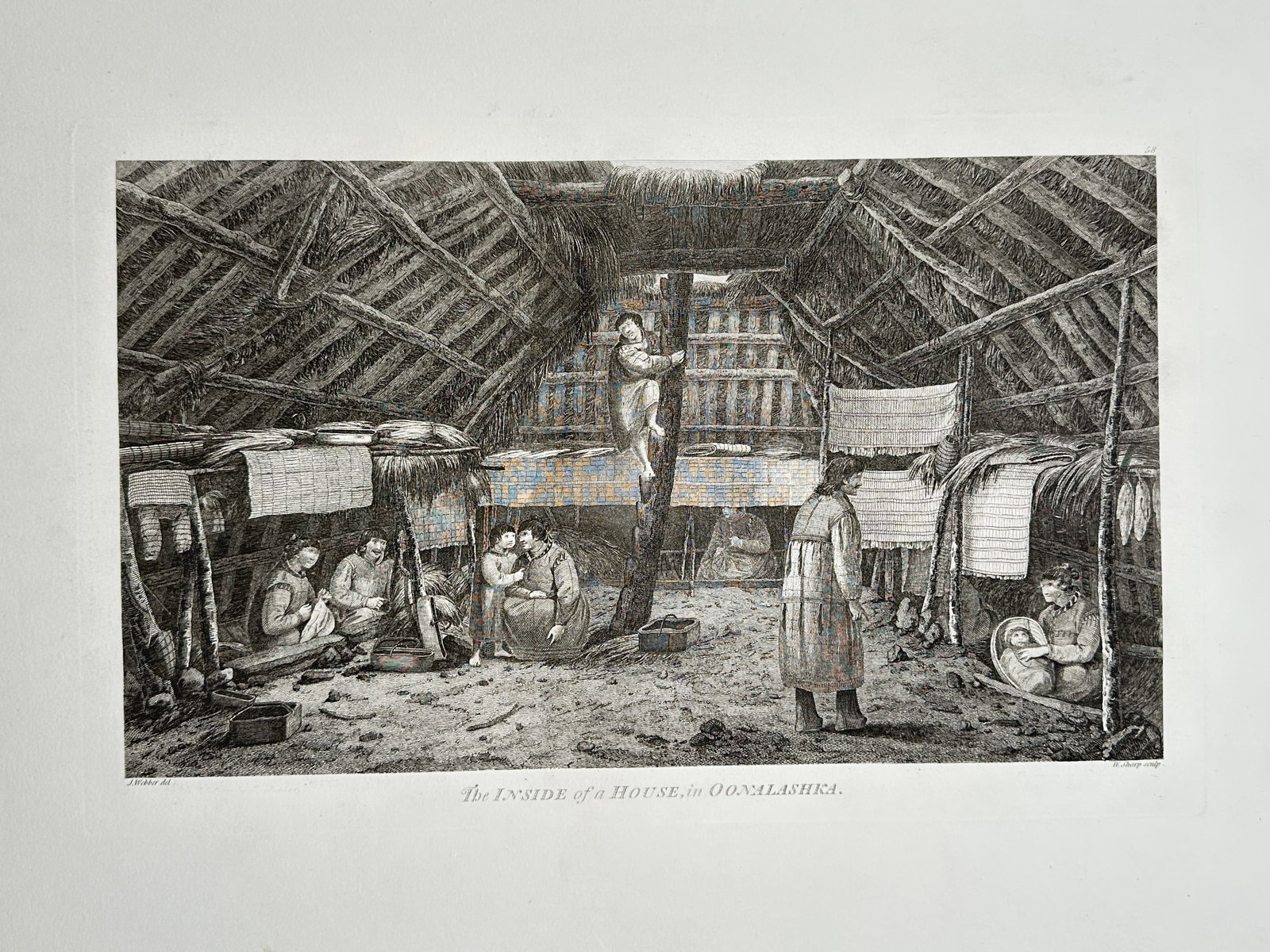 John Webber (1751-1793) – The Inside of a House in Oonalashka – Copper engraving (1784): "The Inside of a House in Oonalashka" provides a detailed ethnographic view of the interior of a traditional Aleut semi-subterranean dwelling, or barabara, showing inhabitants engaged in various domes