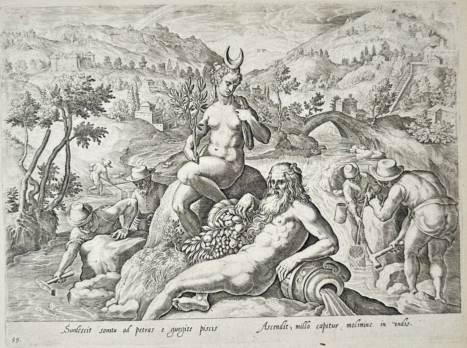 Johannes Stradanus (1523-1605) – Fishing with Hammers and Nets – Copper engraving (c. 1578) (1 of 2)