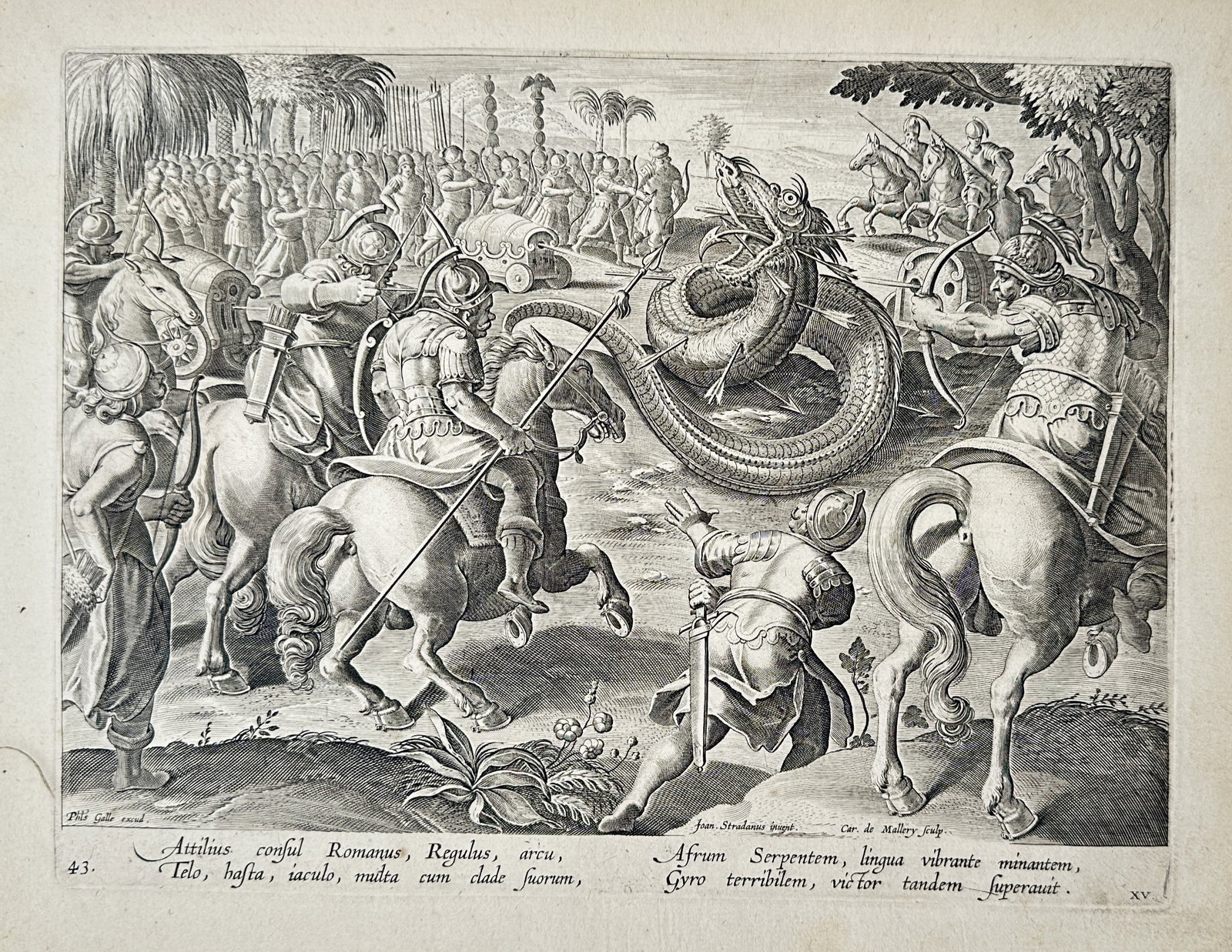 Johannes Stradanus (1523-1605) – Regulus and the Bagradas Serpent – Copper engraving (c. 1578): "Attilius consul Romanus, Regulus" depicts the Roman consul Marcus Atilius Regulus and his army battling a giant serpent near the Bagradas River in North Africa. This copper engraving is from the reno