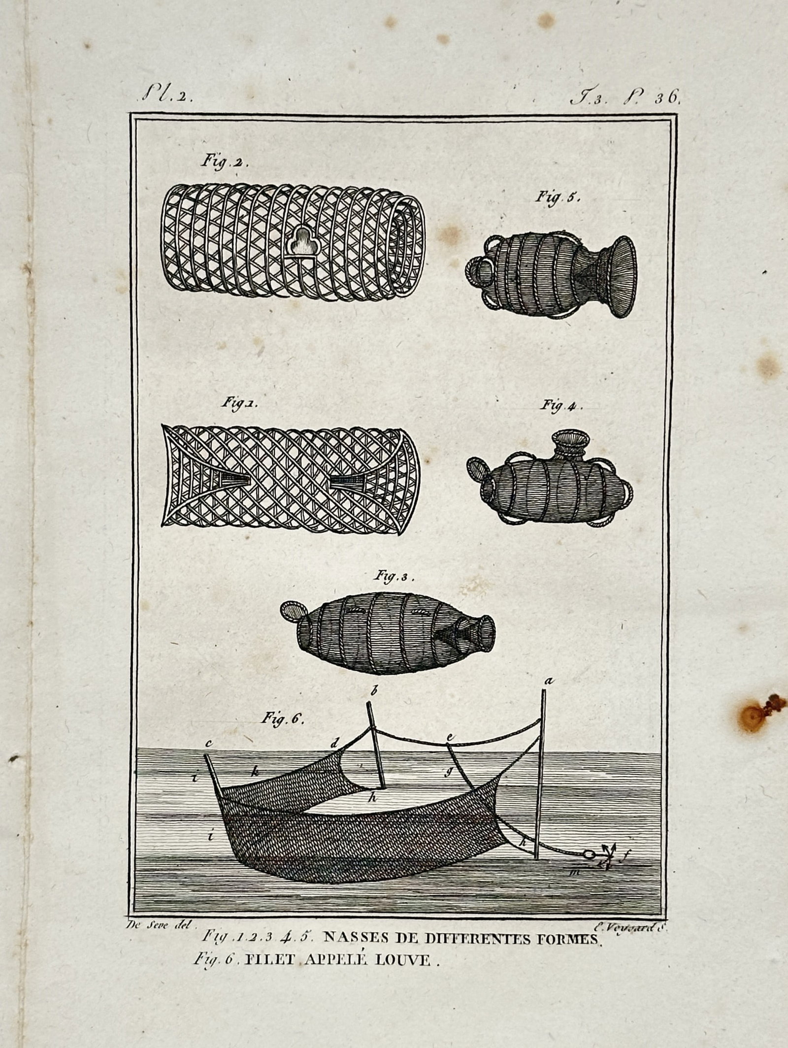 Georges-Louis Leclerc, Comte de Buffon (1707-1788) – Fishing Traps and Nets – engraving (1769): "Nasses de Differentes Formes" and "Filet Appelé Louve" illustrates several types of woven wicker fish traps and a specialized net used in French maritime and river fishing. This hand-coloured etchin