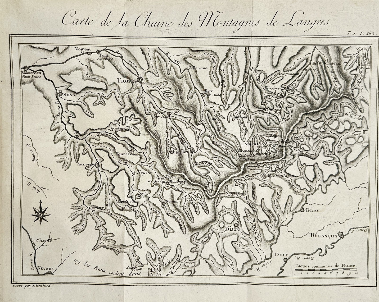 Georges-Louis Leclerc, Comte de Buffon (1707-1788) – Map of the Mountains of Langres – France: "Carte de la Chaine des Montagnes de Langres" provides a detailed topographical view of the Langres plateau region in France, highlighting the elevation of the mountain chain and the surrounding river
