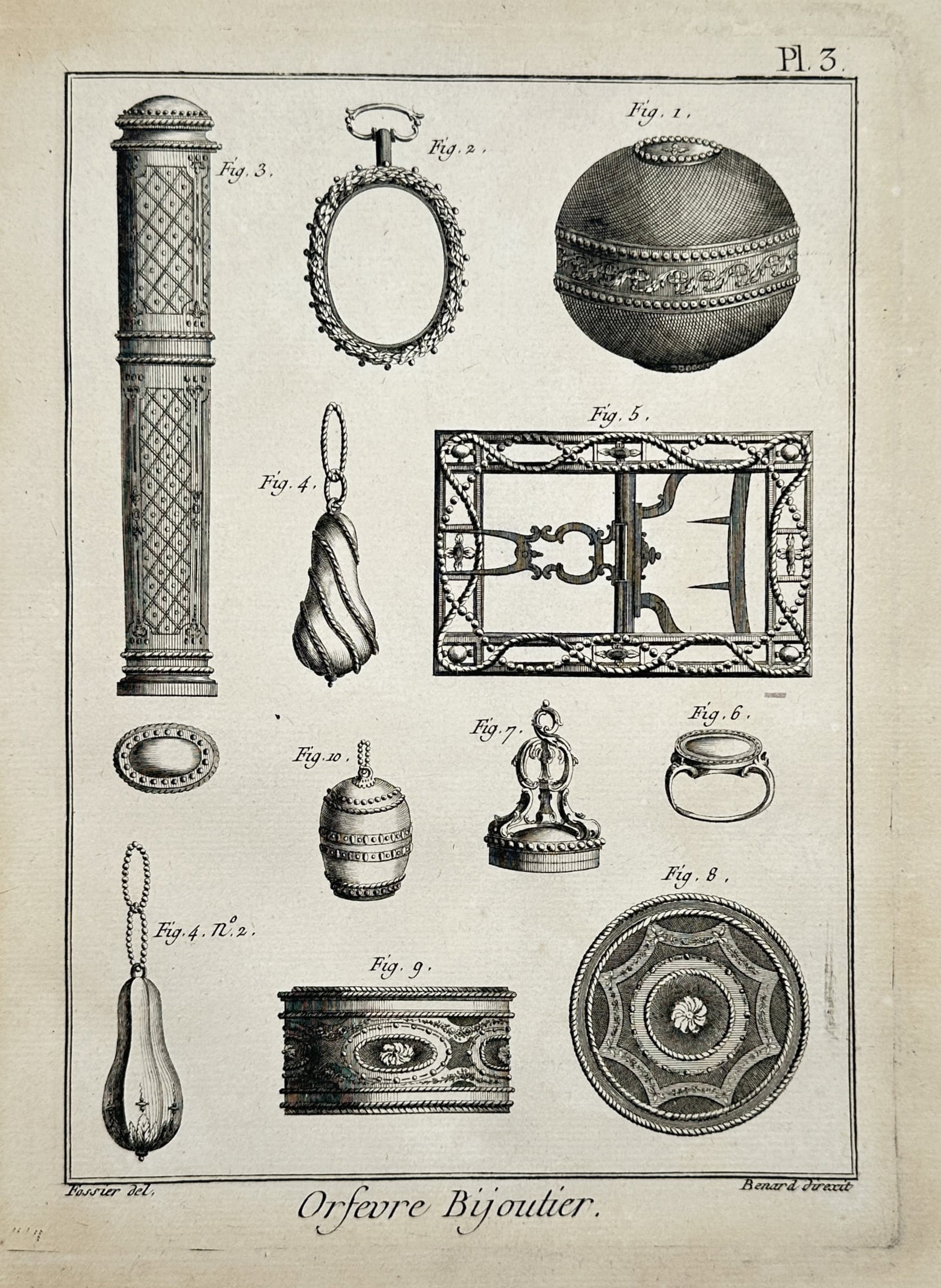 Robert Benard (1734-1777) – View of Goldsmith and Jeweller Tools and Ornaments – Etching (1771): "Orfevre Bijoutier" This etching depicts a variety of decorative objects and tools related to the goldsmith and jewelry trade including cases, seals, rings, and buckles. The work is from the Recueil d
