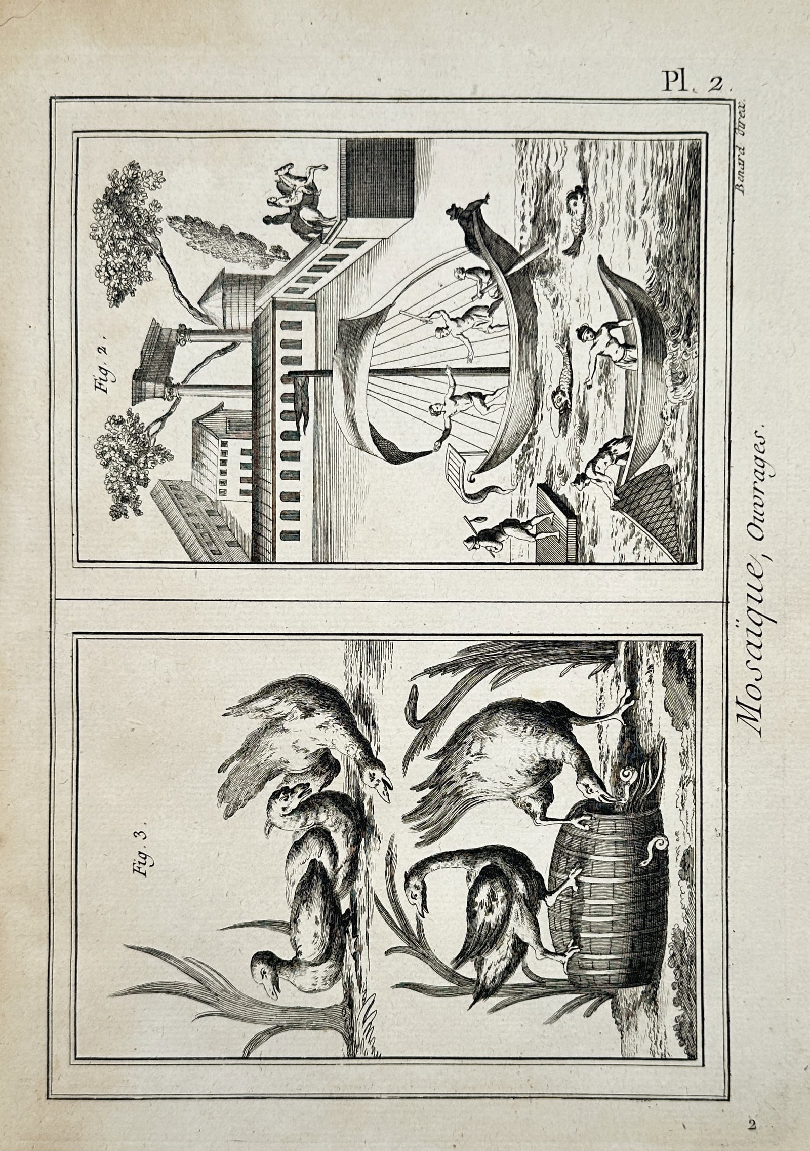 Robert Benard (1734-1777) – View of Mosaic Works with Birds and Maritime Scenes – Etching (1771) (1 of 2)