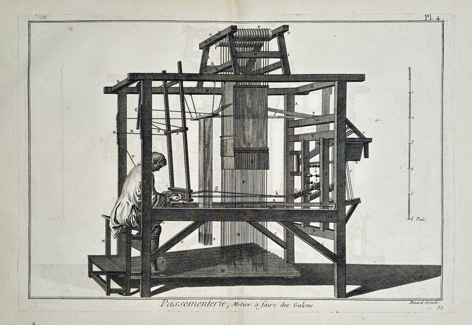 Robert Benard (1734-1777) – View of a Loom for Making Galon and Passementerie – Etching (1771): "Passementerie, Metier a faire des Galons" This etching depicts a complex textile loom used for the production of galon, a type of decorative braid or lace trim, featuring a weaver seated at the appar