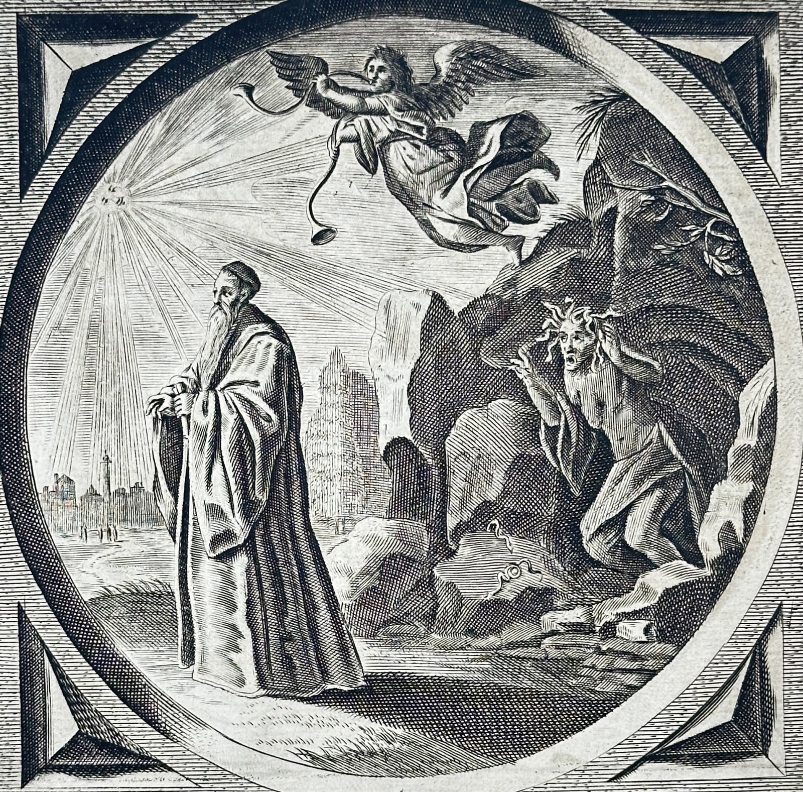 Jacob Cats (1577-1660) – View of an Allegory on Envy and Glory – Engraving (1655): "Nijt krijt van spijt / Waer Eere rijt" This engraving illustrates an emblematic scene where a dignified figure stands bathed in celestial light from a trumpet-blowing angel, while a monstrous personi