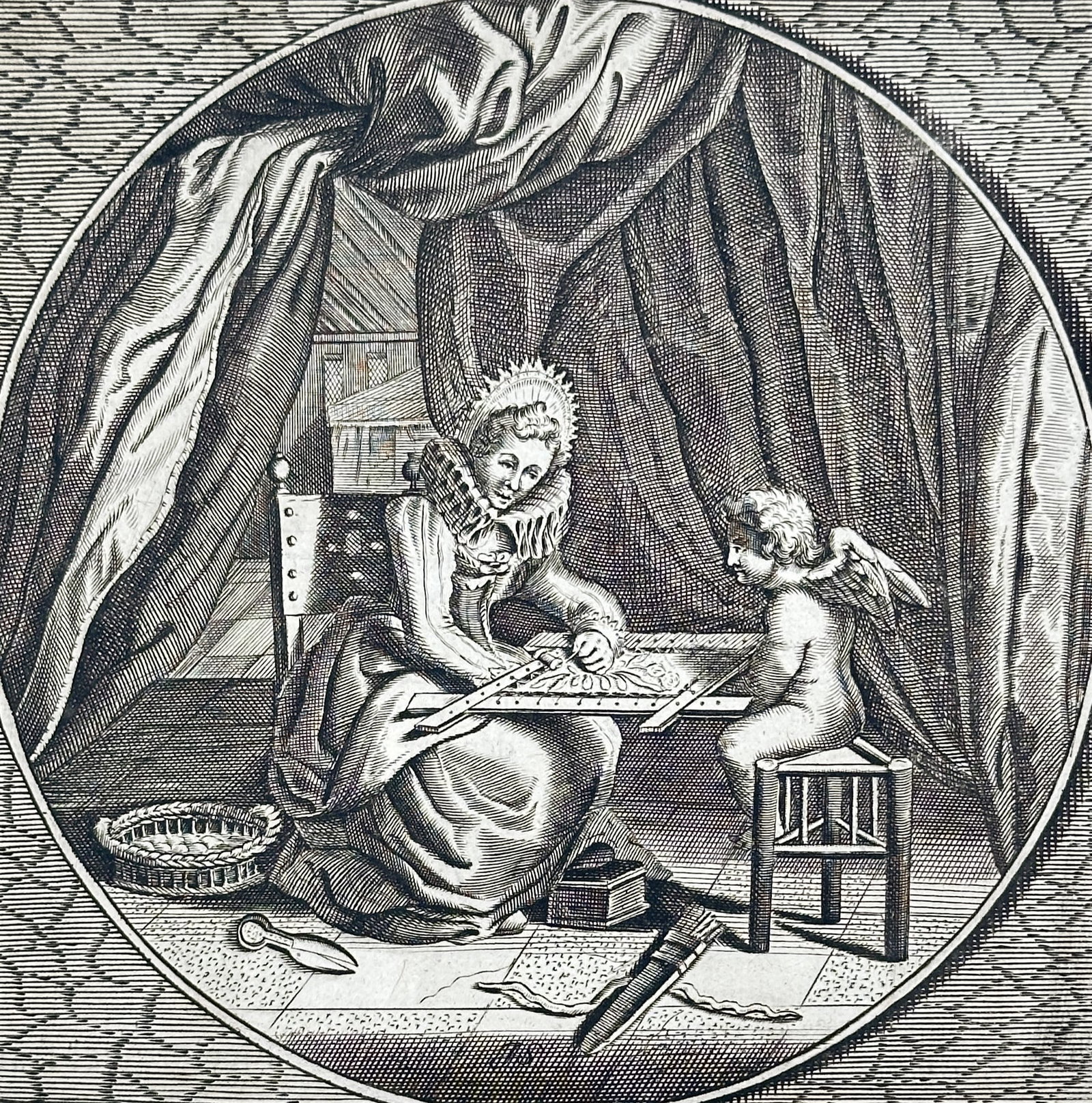Jacob Cats (1577-1660) – View of an Allegory on Love and the Embroidery Frame – Engraving (1 of 3)