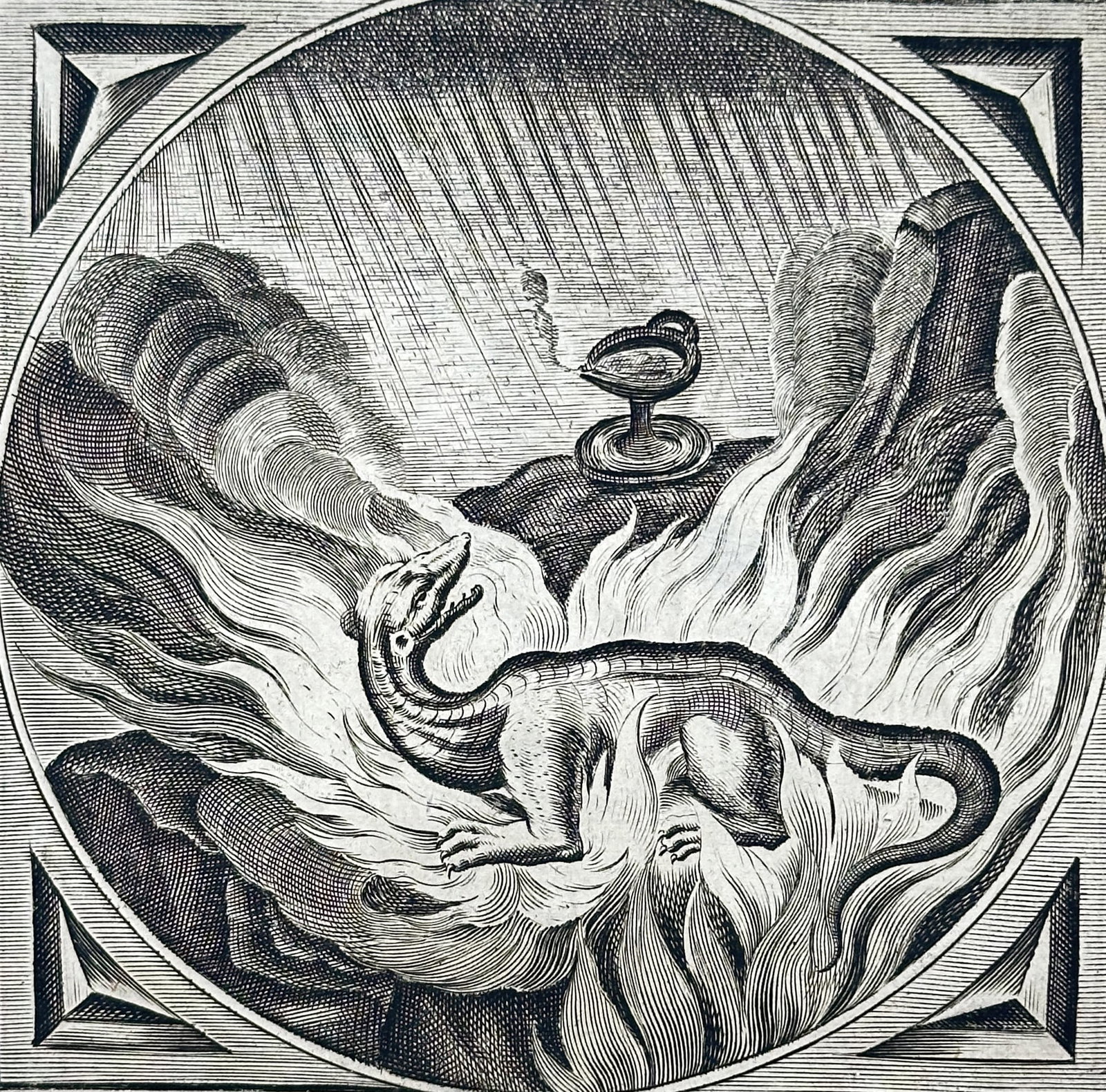 Jacob Cats (1577-1660) – View of an Allegory on Envy and the Salamander – Engraving (1655): "Al wie benyt, is in druck verblyt" This engraving illustrates a salamander amid flames, a traditional emblem used to represent the envious person who thrives on the "fire" of others' misfortunes, set