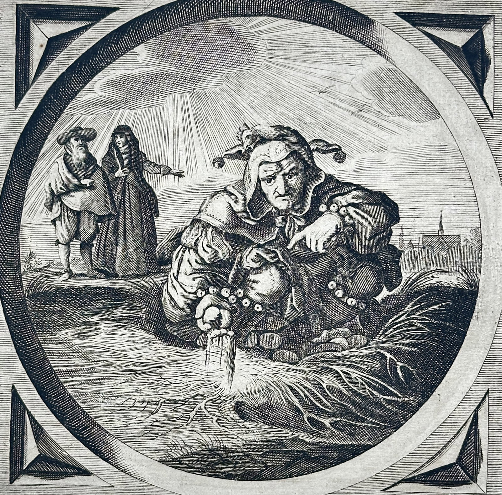 Jacob Cats (1577-1660) – View of an Allegory on Folly and False Wisdom – Engraving (1655): "Hier dient een wijs man op te letten / Men mach geen nar op eyers setten" This engraving depicts a jester in traditional cap and bells crouching over a nest of eggs, symbolizing the futility of entru