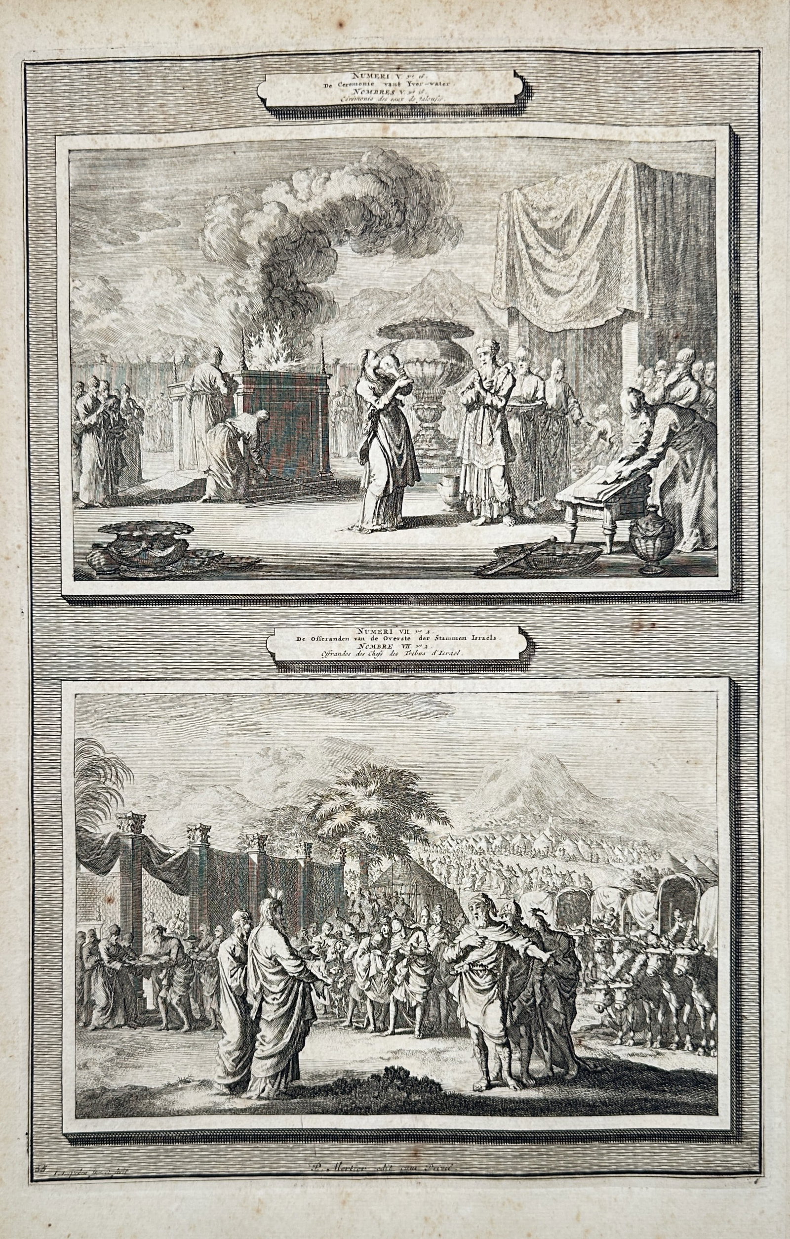 Pieter Mortier (1661-1711) – View of the Ordeal of Jealousy and Offerings of the Princes –: "Numeri V v. 11. De Sweer-drank voor de Vrouwen / Numeri VII v. 1. De Offerhanden van de Vorsten der Stammen Israels" This etching presents two biblical narratives from the Book of Numbers. The upper 