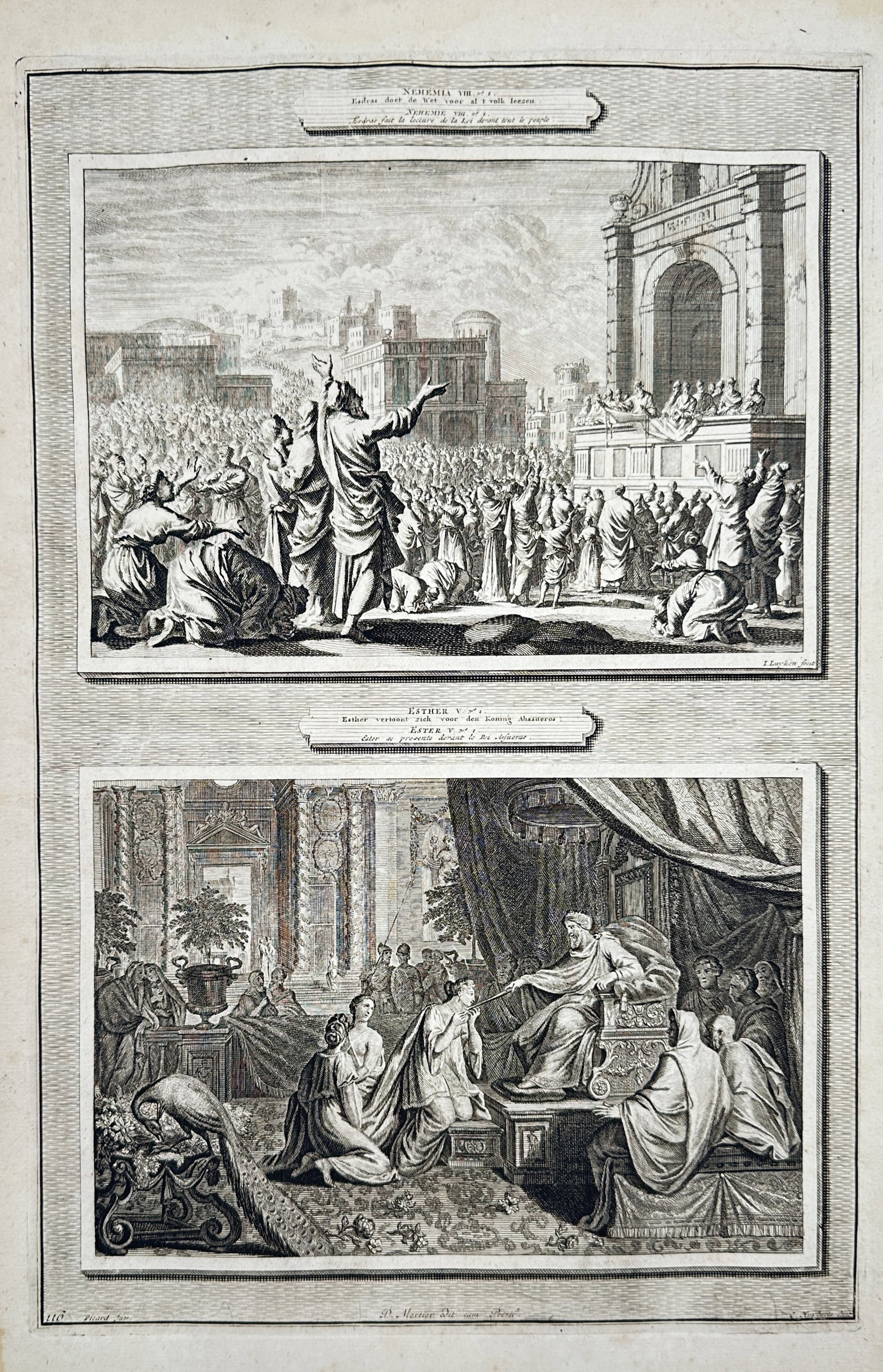 Pieter Mortier (1661-1711) – View of Ezra Reading the Law and Esther Before Ahasuerus – Etching: "Nehemia VIII v. 1. Esdras doet de Wet voor al 't volk leesen / Esther V v. 1. Esther vertoont zich voor den Koning Ahasveros" This etching illustrates two biblical events from the Old Testament. The 