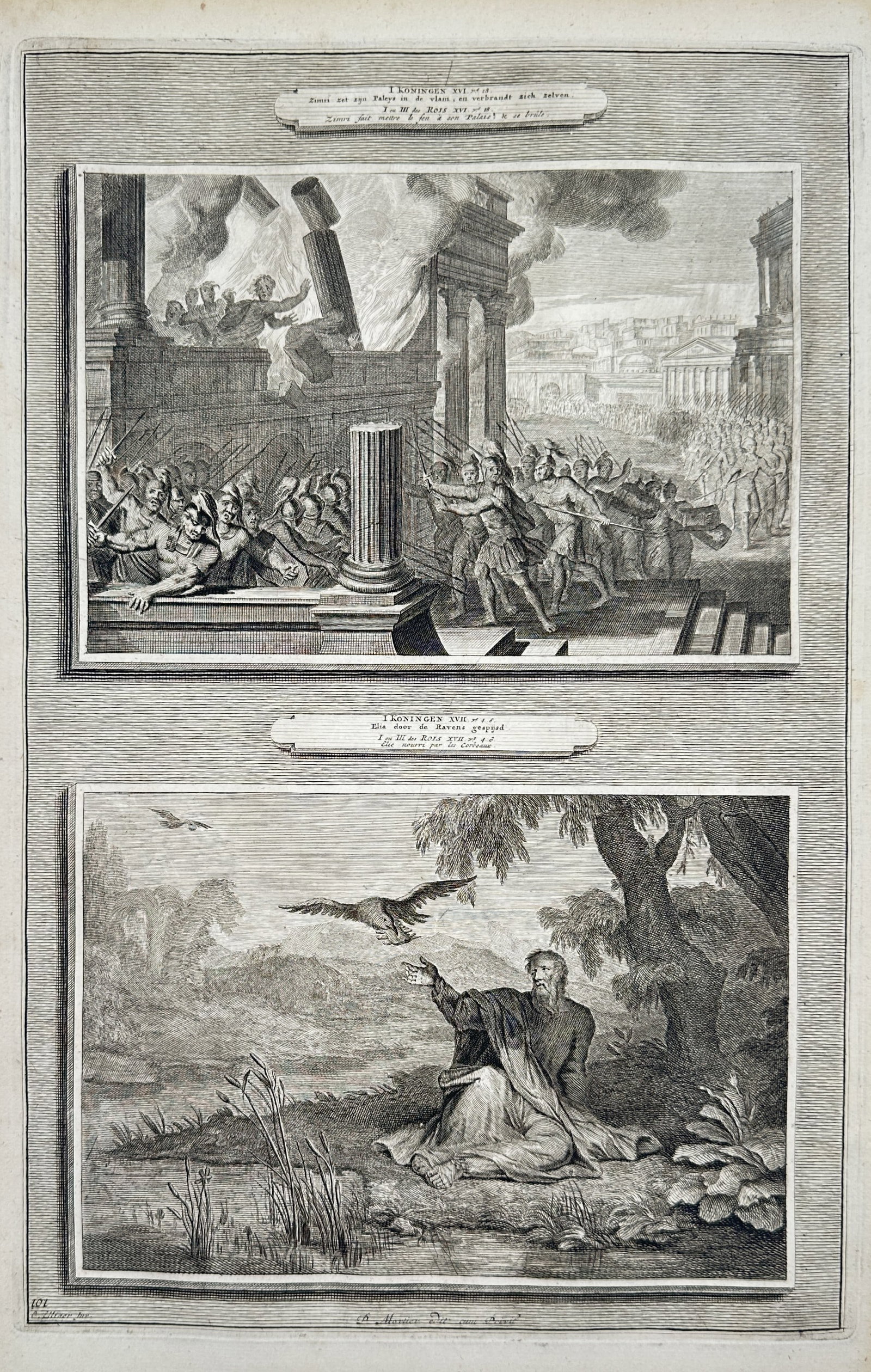 Pieter Mortier (1661-1711) – View of the Death of Zimri and Elijah Fed by Ravens – Etching (1 of 2)