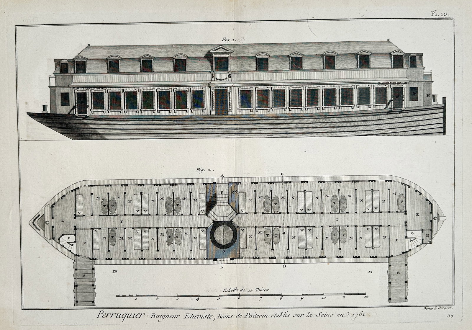 Robert Benard (1734-1777) – View of the Poitevin Floating Baths on the Seine: "Perruquier Baigneur Etuviste, Bains de Poitevin etablis sur la Seine en 1761" This hand-coloured etching shows the architectural elevation and floor plan of the famous Poitevin floating bathhouse est