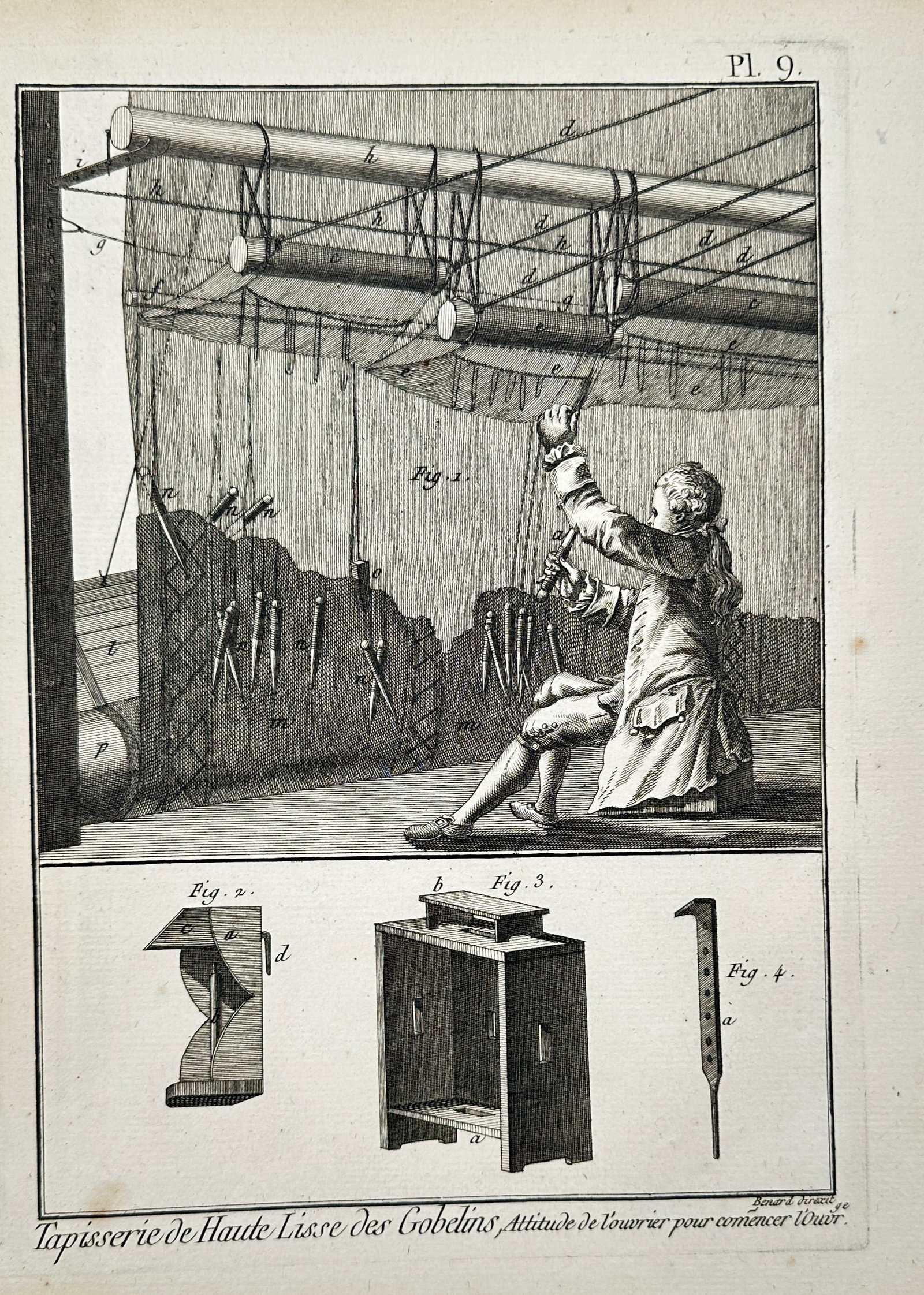 Robert Benard (1734-1777) – View of Gobelins High-Warp Tapestry Weaving – Etching (1771): "Tapisserie de Haute Lisse des Gobelins, Attitude de l'ouvrier pour commencer d'Ouvr." This etching illustrates a weaver at work on a high-warp (haute-lisse) loom at the famous Gobelins Manufactory in