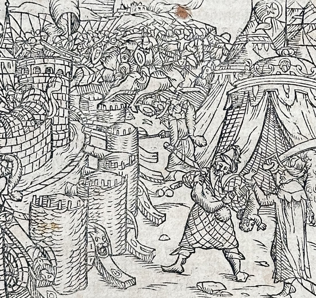 Sebastian Münster (1488-1552) – View of the Siege of Modon – Woodcut (1550): "Von dem Griechenlandt" This woodcut illustrates the siege and capture of the Greek city of Modon by the Ottoman Turks in 1500. The scene depicts soldiers and tents outside the city walls, capturing a