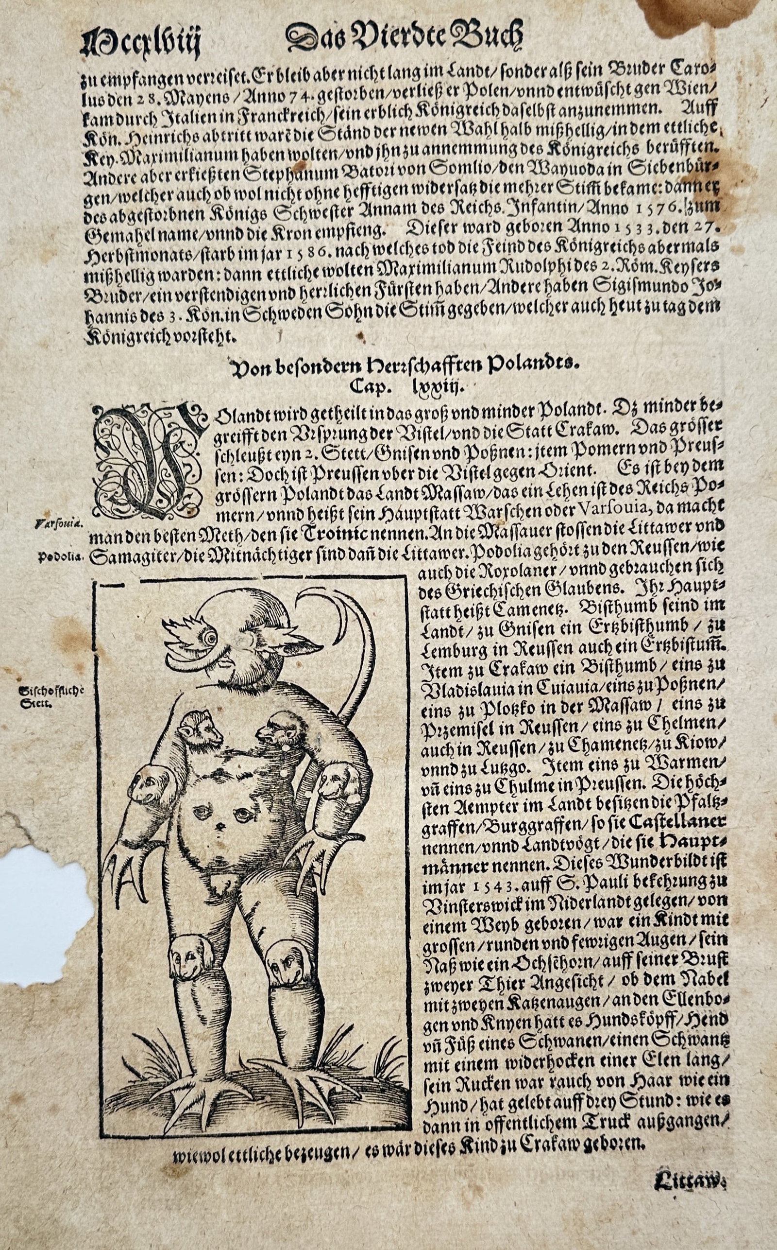 Sebastian Münster (1488-1552) – View of the Monstrous Child of Krakow – Woodcut (1550): "Das Vierdte Buch" This woodcut page from the Cosmographia depicts a monstrous creature, described in the text as a child born in Krakow in 1543 with multiple heads, eyes on its chest, and animalistic
