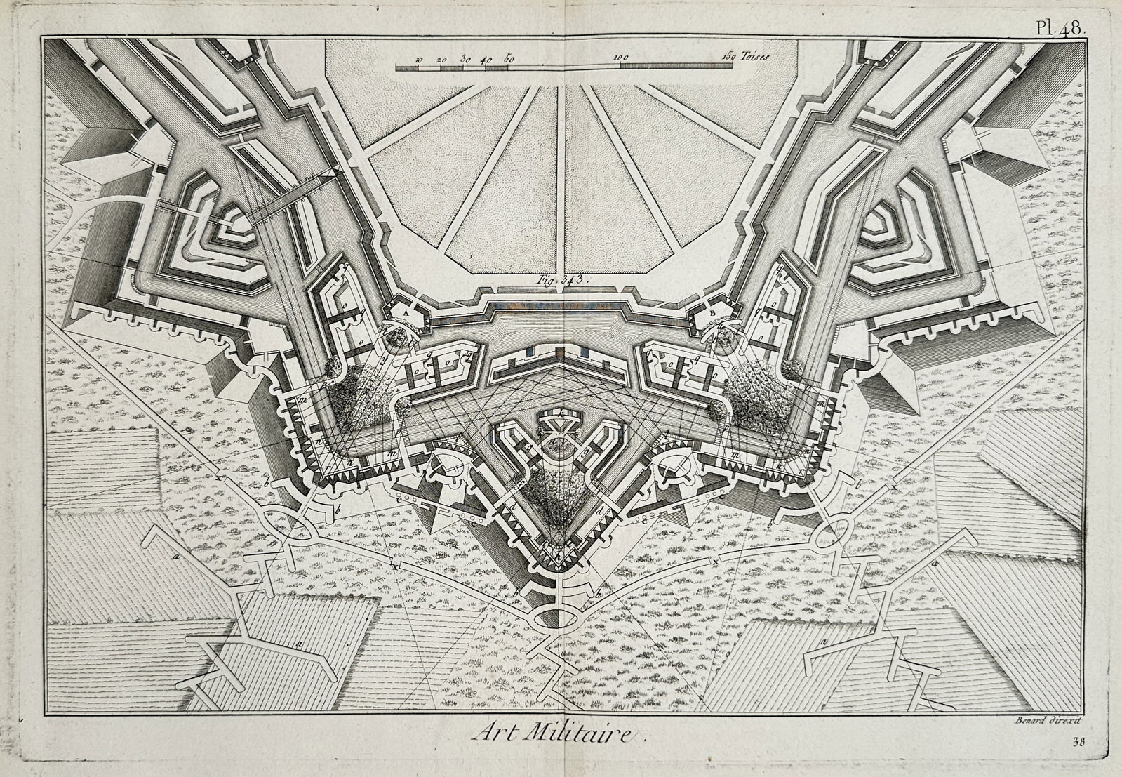Robert Bénard (1734-1777) – View of a Star Fortification Plan – Copper engraving (c. 1770): "Art Militaire. Pl. 48." This architectural engraving provides a detailed birds-eye plan of a complex star-shaped fortification, showcasing the intricate geometry of bastions, ravelins, and moats desi
