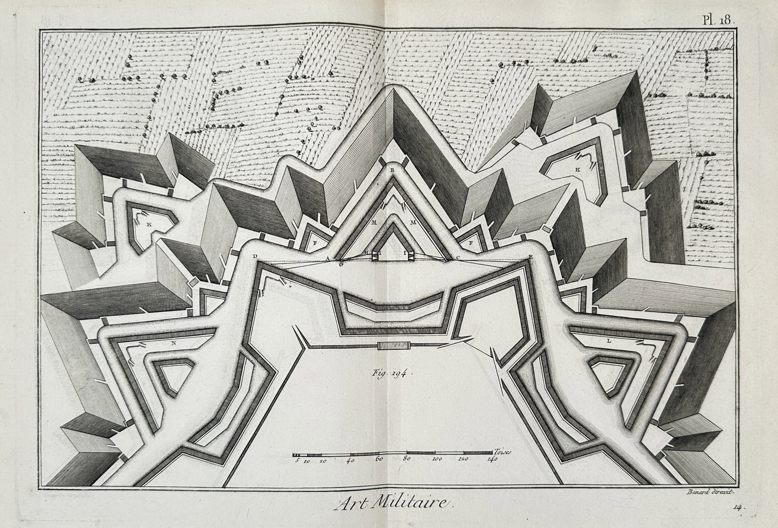 Robert Bénard (1734-1777) – View of a Bastion Fortification Plan – Copper engraving (c. 1770): "Art Militaire" This copper engraving displays a detailed plan of a complex fortification system, illustrating the geometric arrangement of bastions and defensive walls used in eighteenth-century mili