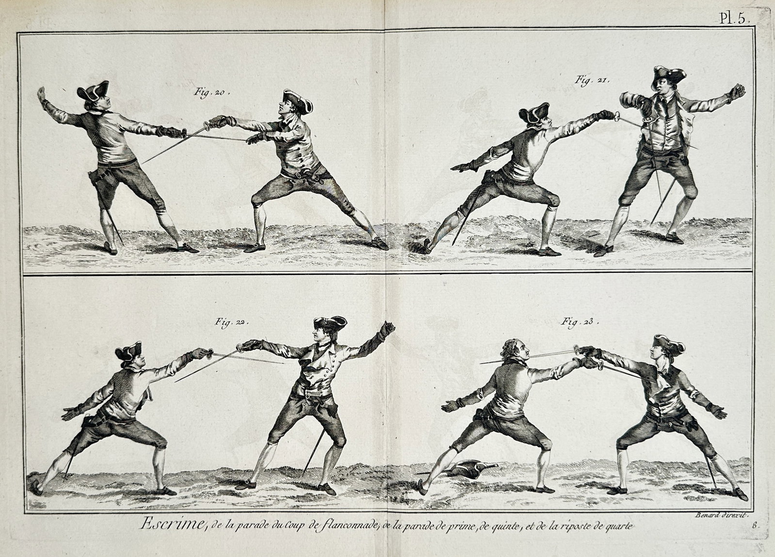 Robert Bénard (1734-1777) – View of Fencing Positions and Parries – Copper engraving (c. 1770) (1 of 2)