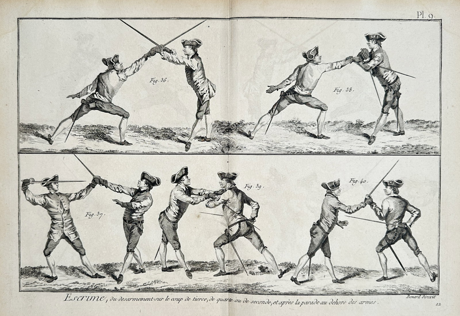 Robert Bénard (1734-1777) – View of Fencing Disarmament Techniques – Copper engraving: "Escrime" This copper engraving illustrates various fencing disarmament techniques, showing figures in eighteenth-century attire performing disarms following the tierce, quarte, or seconde thrusts, as