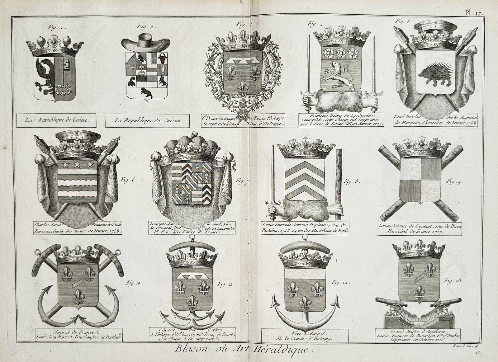 Robert Bénard (1734-1777) – View of French Heraldic Coats of Arms – Copper engraving (c. 1770): "Blason ou Art Héraldique" This copper engraving displays a collection of prominent French heraldic achievements, including the coats of arms for the Republic of Geneva, the Swiss Republic, and vario
