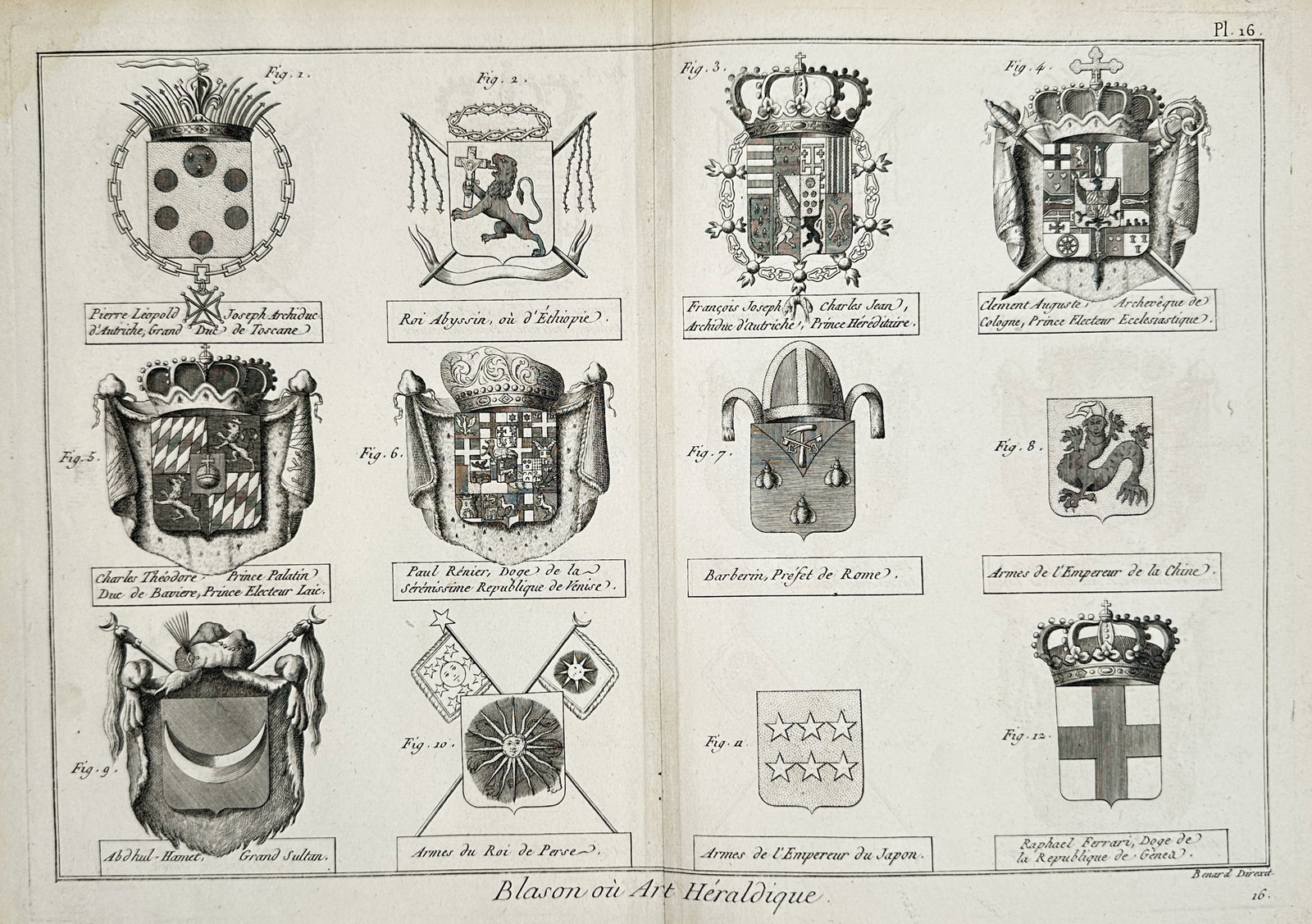 Robert Bénard (1734-1777) – View of Global Heraldic Coats of Arms – Copper engraving (c. 1770): "Blason ou Art Héraldique" This copper engraving displays a collection of international heraldic achievements and emblems, including the coats of arms for the Grand Duke of Tuscany, the King of Ethio