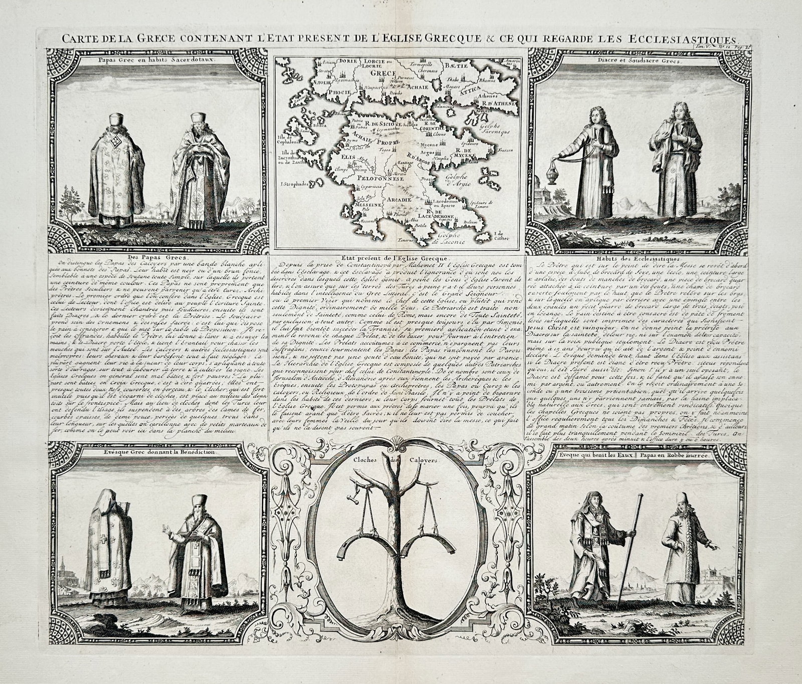 Henri Chatelain (1684-1743) – Map of Greece and Ecclesiastical Figures – Copper engraving (1705) (1 of 2)