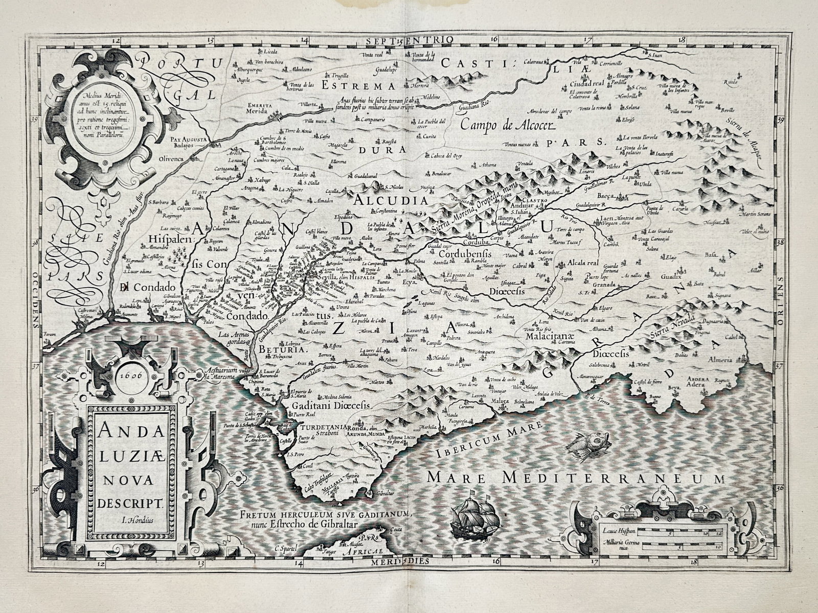 Jodocus Hondius (1563-1612) – Map of Andalusia – Spain – Copper engraving (1606): "Andaluziae Nova Descript." This copper engraving provides a detailed geographical representation of the Andalusia region in southern Spain, showing major cities such as Seville, Cordoba, and Granada,