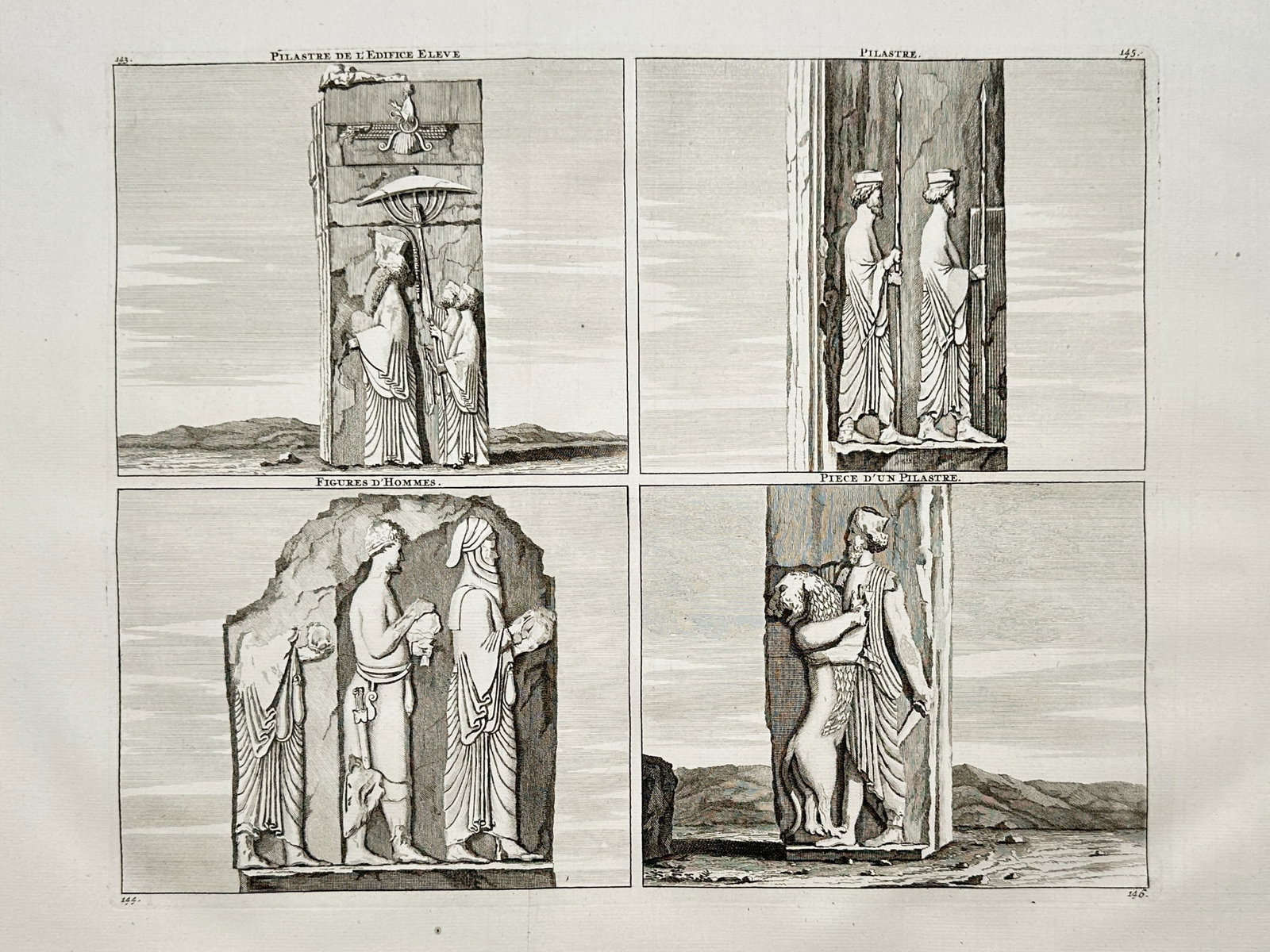 Cornelis de Bruijn (1652-1727) – View of Reliefs from Persepolis – Copper engraving (1711): "Pilastre de l'Edifice Elevé" This copper engraving illustrates four distinct sections of stone reliefs from the ancient Persian capital of Persepolis, depicting royal figures under ceremonial umbrel