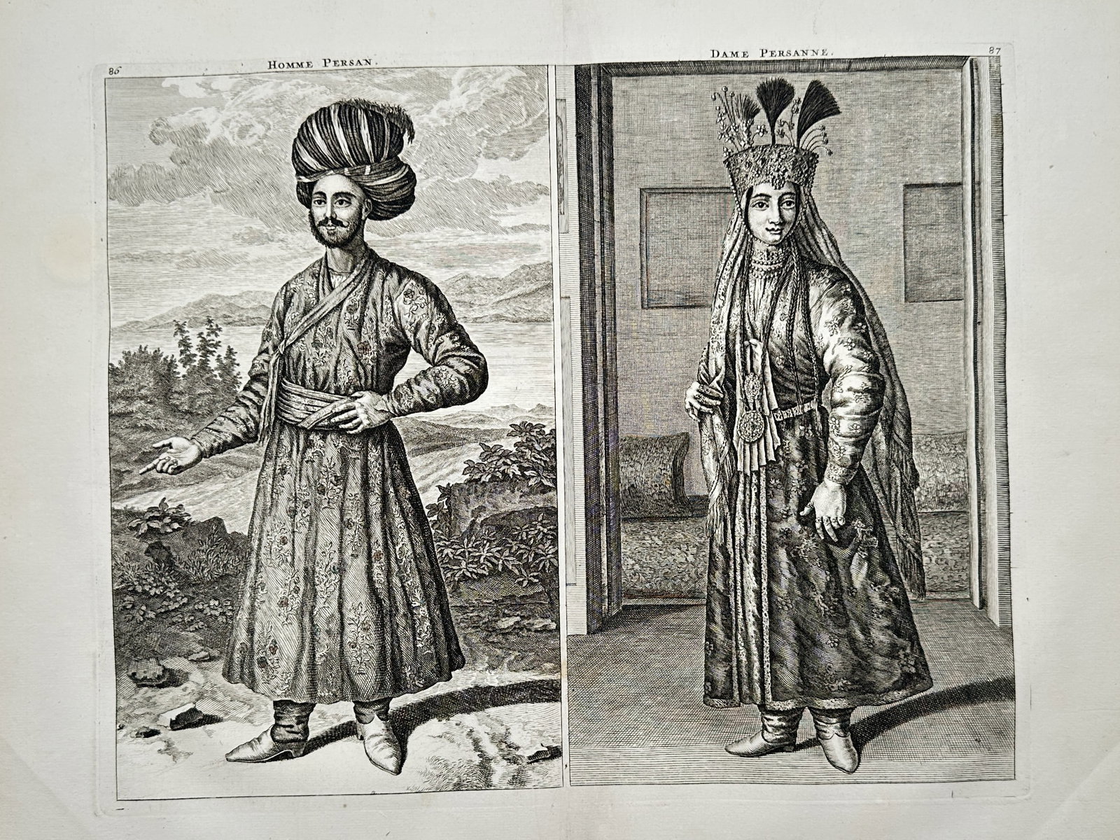 Cornelis de Bruijn (1652-1727) – View of a Persian Man and Woman – Copper engraving (1711): "Homme Persan. Dame Persanne." This copper engraving features two side-by-side portraits illustrating the traditional costumes of the Persian nobility during the Safavid era. The man is depicted in a 