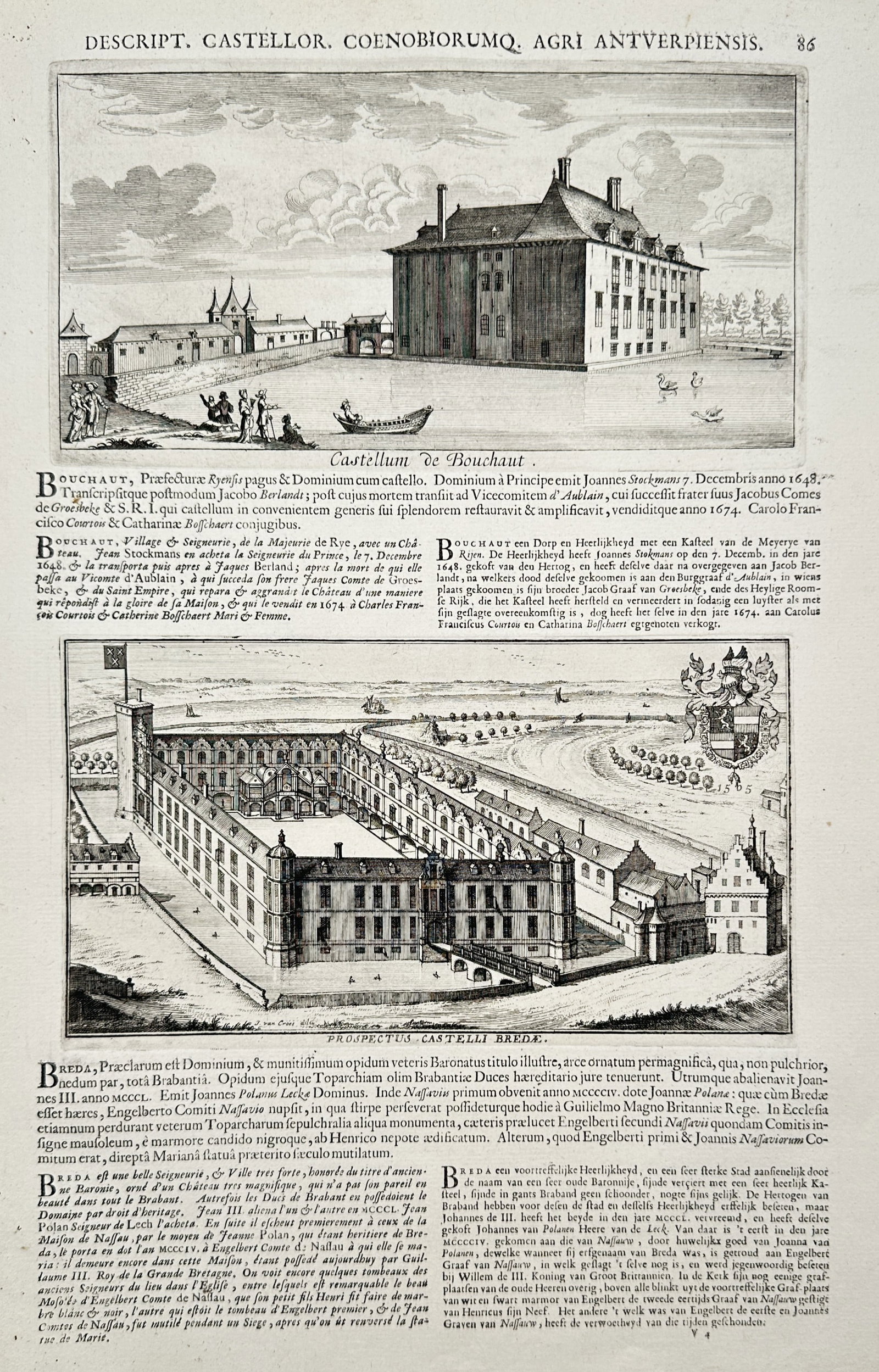 Jacob Le Roy (1633-1719) – View of the Castles of Bouchout and Breda – Copper engraving (1694): "Castellum de Bouchaut. Prospectus Castelli Bredae." This copper engraving features two distinct architectural views: the upper panel depicts the Castle of Bouchout with its moated manor and surroundi