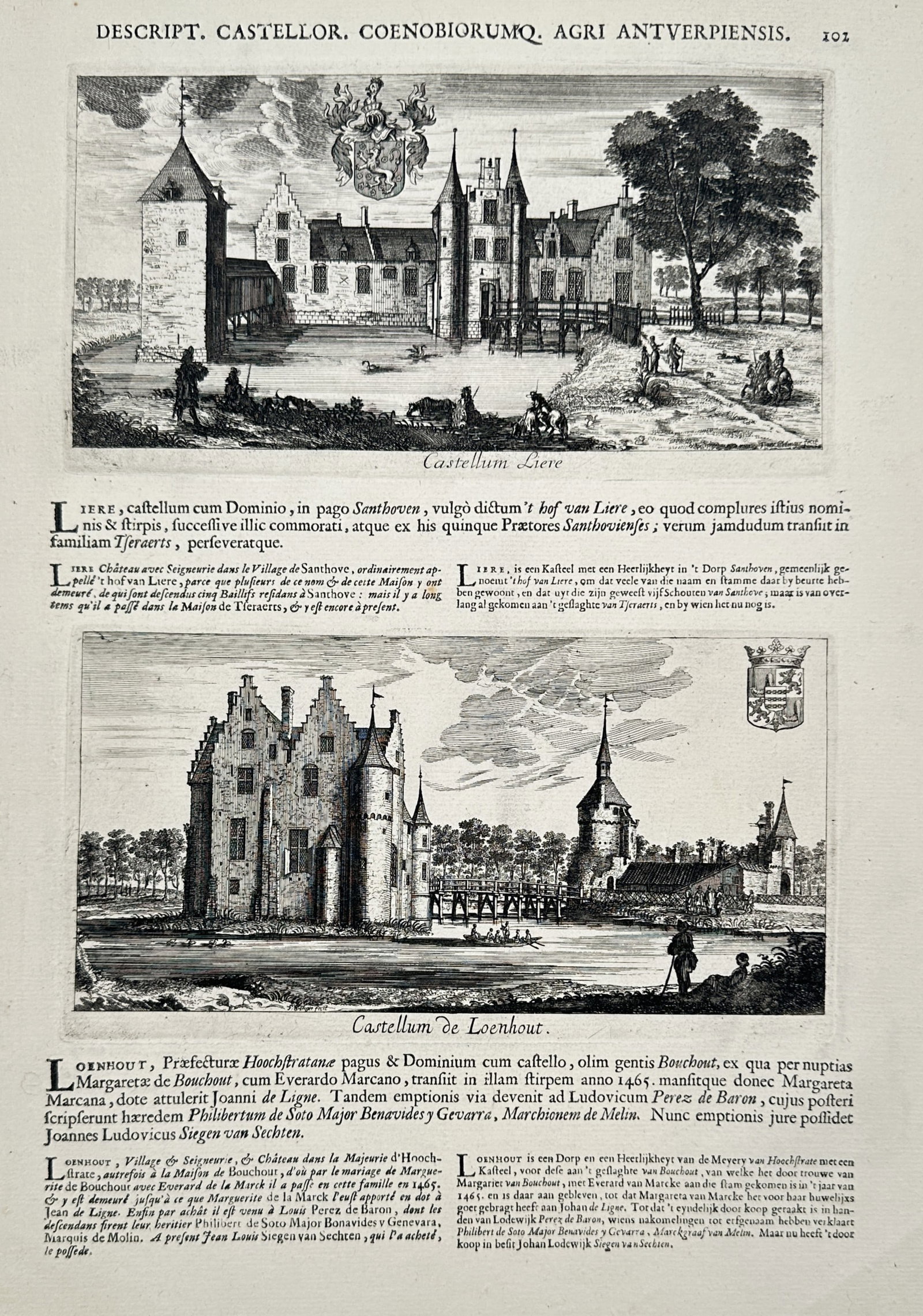 Jacob Le Roy (1633-1719) – View of the Castles of Lierre and Loenhout – Copper engraving (1694): "Castellum Lierre. Castellum de Loenhout." This copper engraving presents two architectural views of noble residences in the Antwerp region. The upper panel depicts the Castle of Lierre, also known as