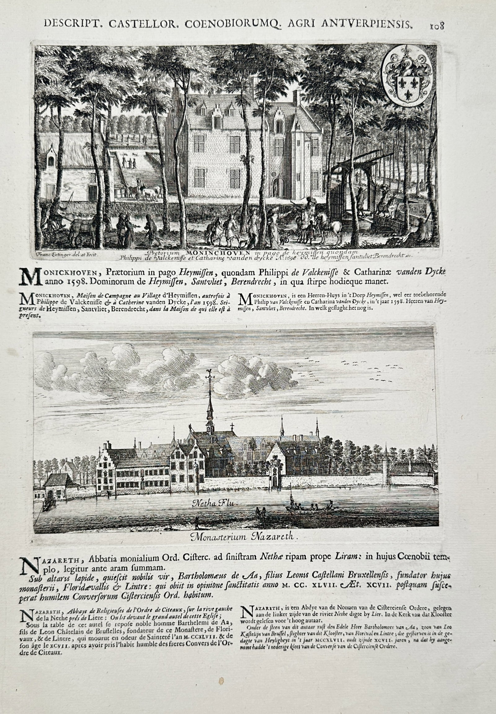Jacob Le Roy (1633-1719) – View of Monickhoven Manor and Nazareth Abbey – Copper engraving: "Monickhoven. Monasterium Nazareth." This copper engraving features two distinct architectural views from the Antwerp region. The upper panel depicts Monickhoven, a country manor in the village of Hey