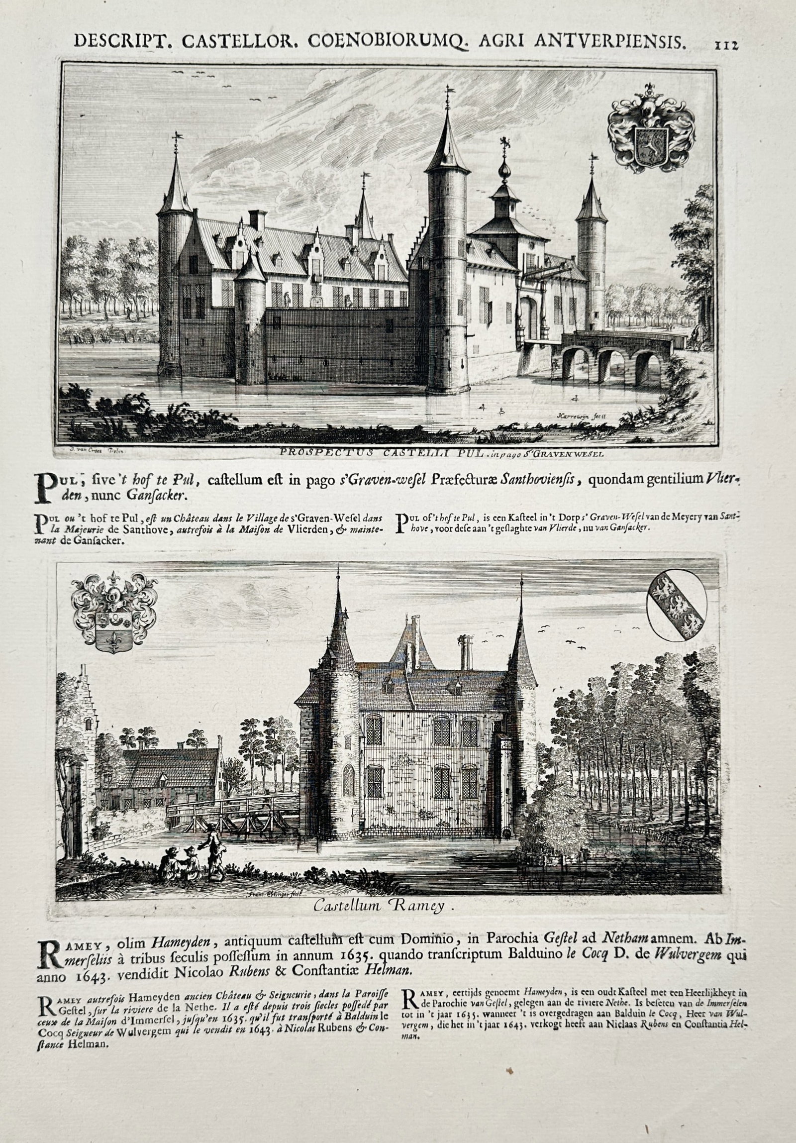 Jacob Le Roy (1633-1719) – View of the Castles of Pul and Ramey – Copper engraving (1694): "Prospectus Castelli Pul. Castellum Ramey." This copper engraving presents two architectural views of aristocratic estates in the Antwerp region. The upper panel illustrates the Castle of Pul, located