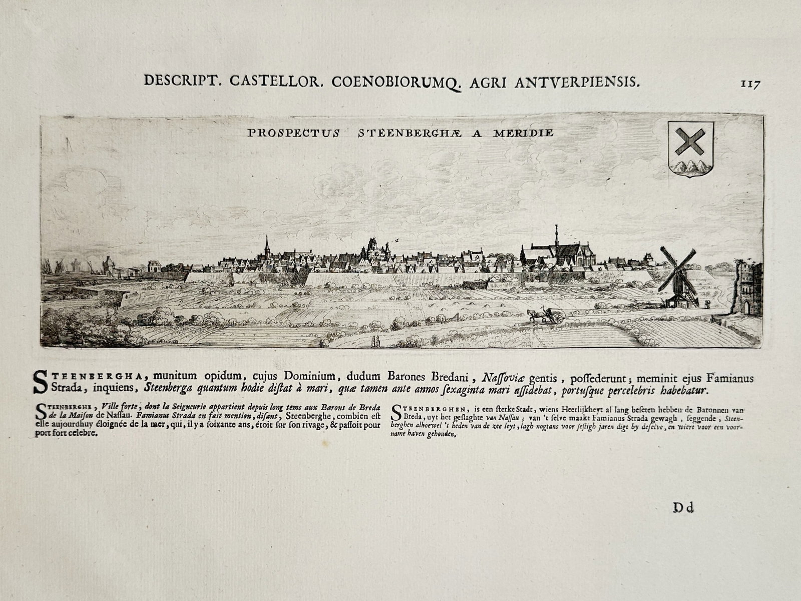 Jacob Le Roy (1633-1719) – View of Steenbergen from the South – Copper engraving (1694): "Prospectus Steenbergae a Meridie" This copper engraving provides a panoramic vista of the fortified town of Steenbergen as viewed from the south, illustrating its defensive bastions, church spires, a