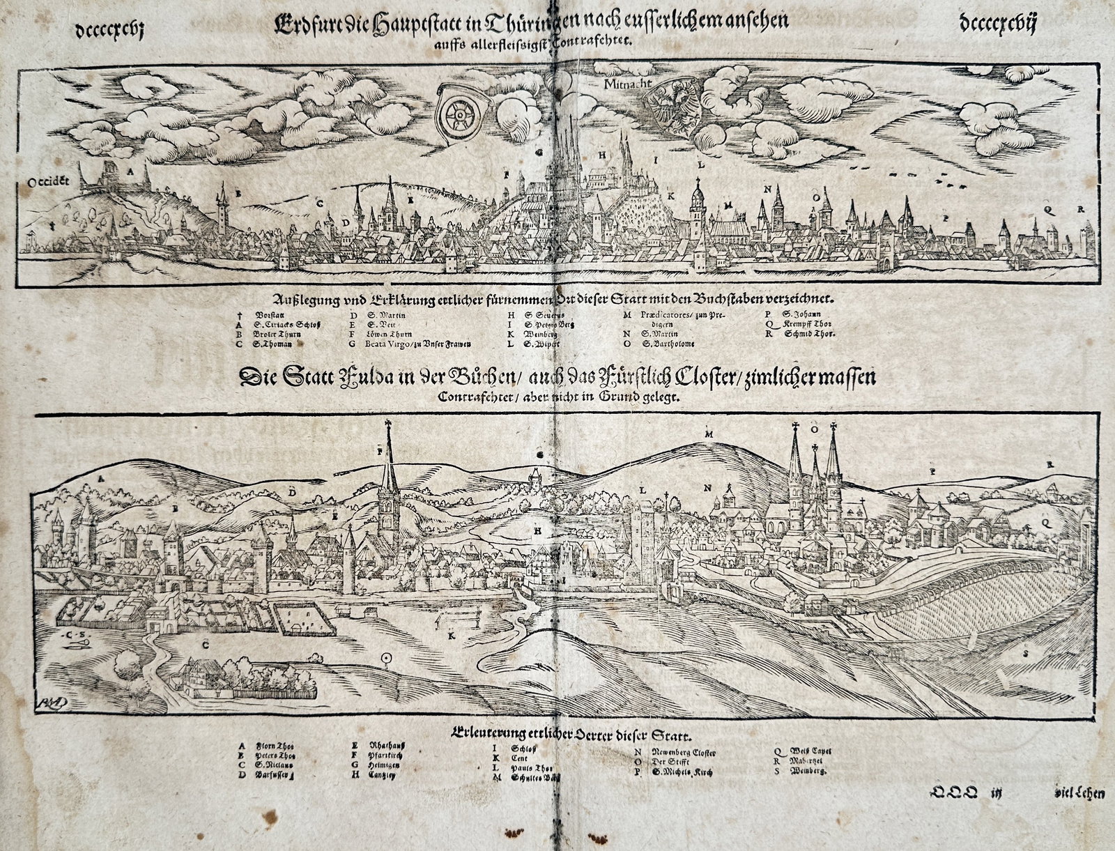 Sebastian Münster (1488-1552) – View of Erfurt and Fulda – Germany – Woodcut (1550): "Erdfurt die Haupstat in Thüringen / Die Statt Fulda in der Buchen." This woodcut presents two panoramic bird's-eye views on a single page, featuring the city of Erfurt in Thuringia across the top an