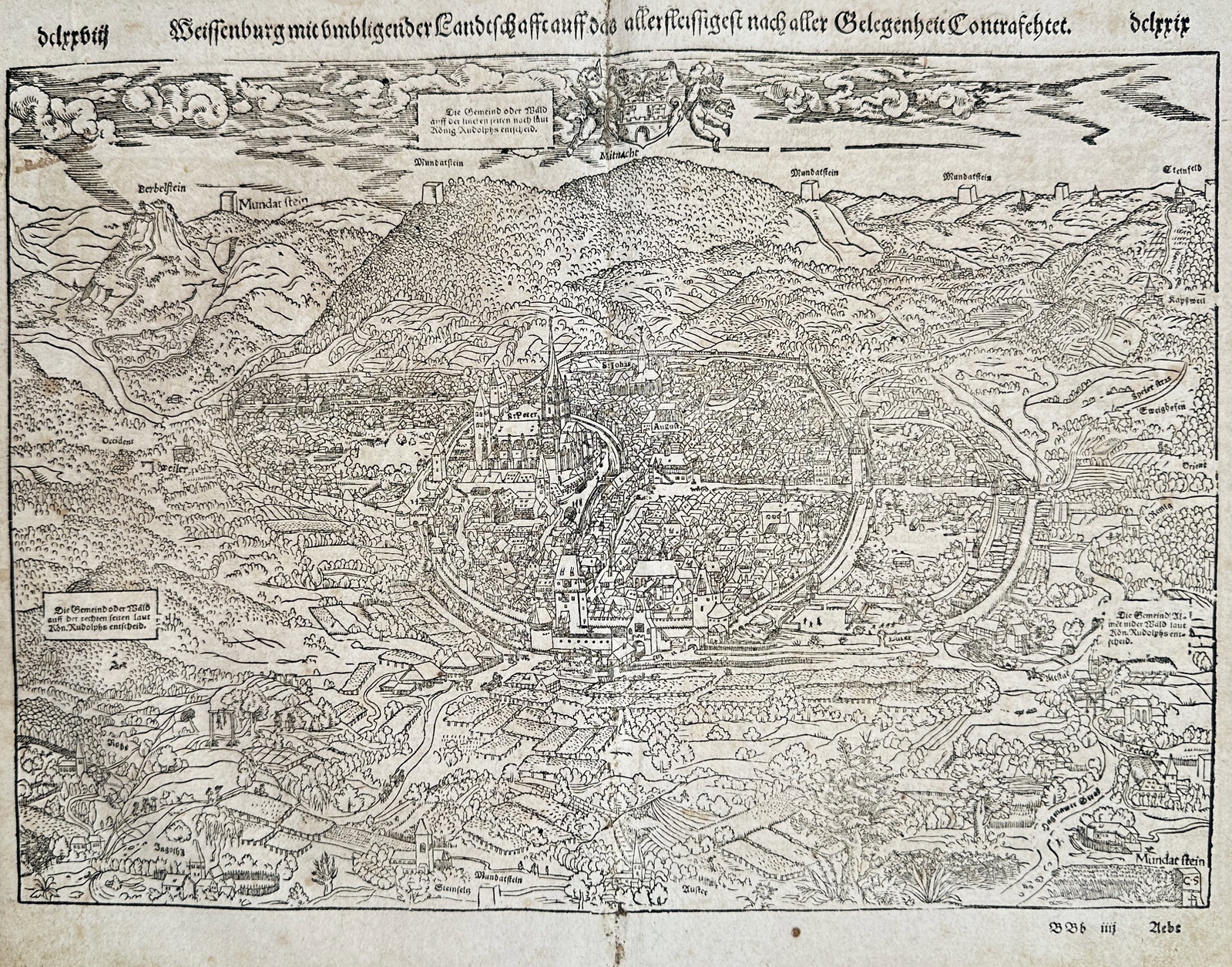 Sebastian Münster (1488-1552) – View of Wissembourg and Environs – France – Woodcut (1550): "Weissenburg mit umbligender Landschafft auff das allerfleissigest nach aller Gelegenheit Contrafachtet." This woodcut features a panoramic bird's-eye view of the town of Wissembourg (Weissenburg) in 